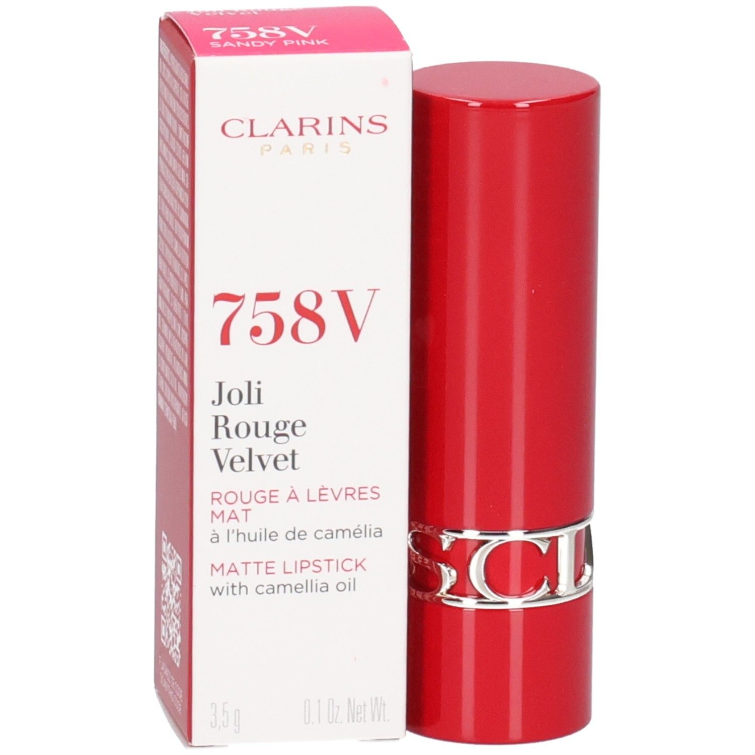 Clarins Joli Rouge Velvet 758V, mat rood lippenstift met zilveren logo band.