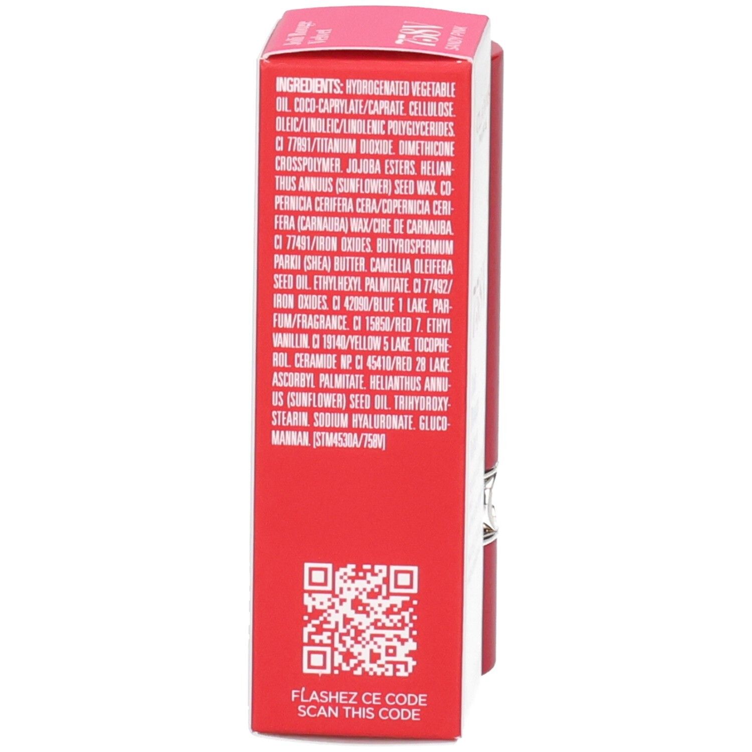 Clarins Joli Rouge Velvet 758V, achterkant verpakking met ingrediëntenlijst en QR-code.