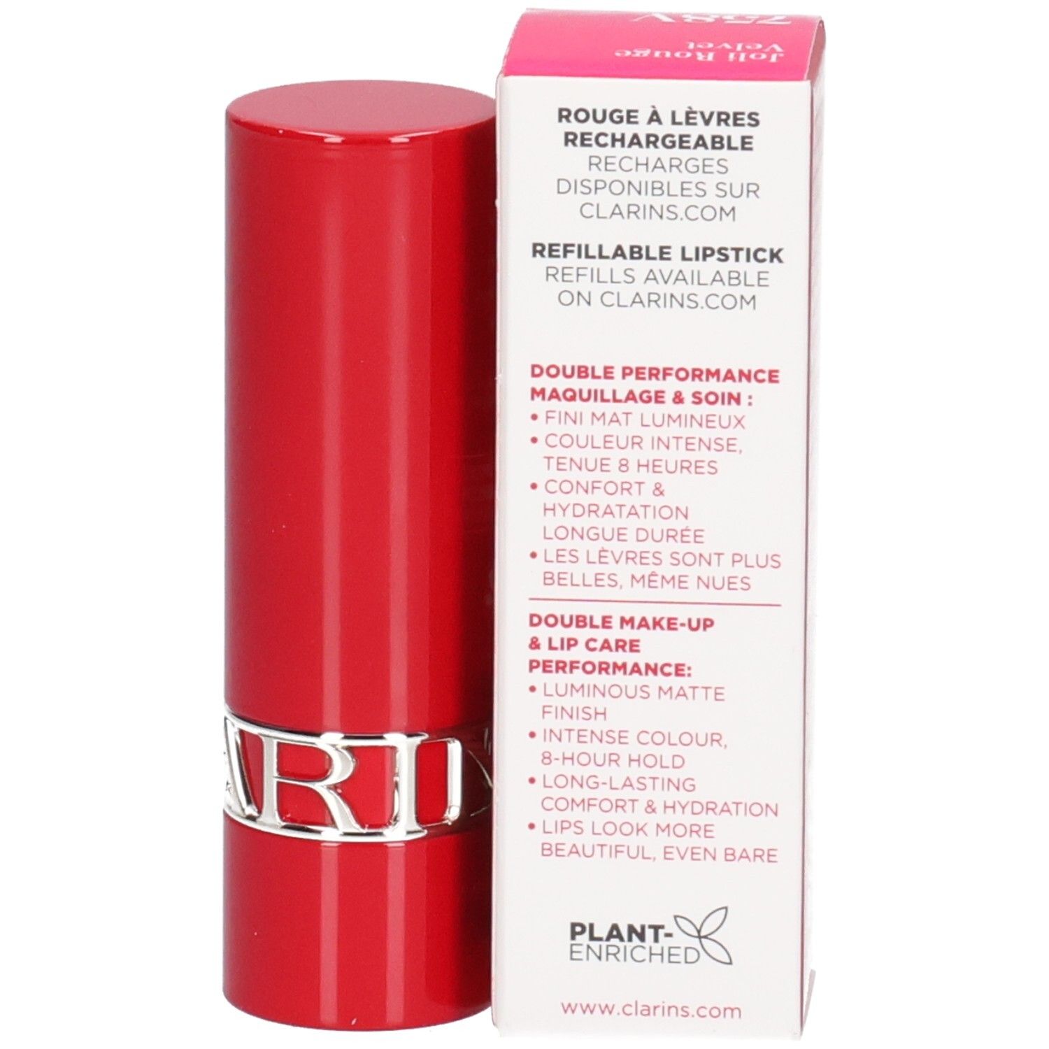Clarins Joli Rouge Velvet 758V, rode navulbare lippenstift en verpakking met productvoordelen.