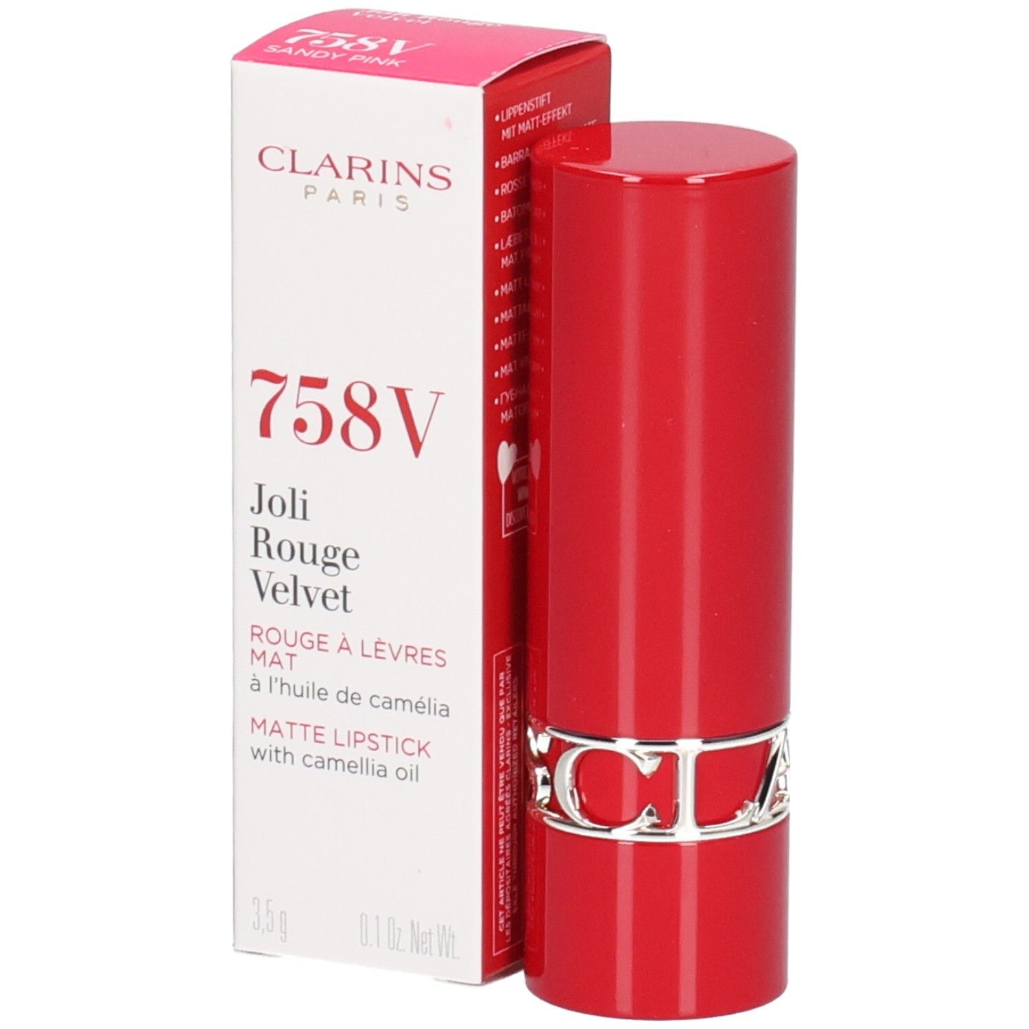 Clarins Joli Rouge Velvet 758V, mat rood lippenstift met zilveren logo band.