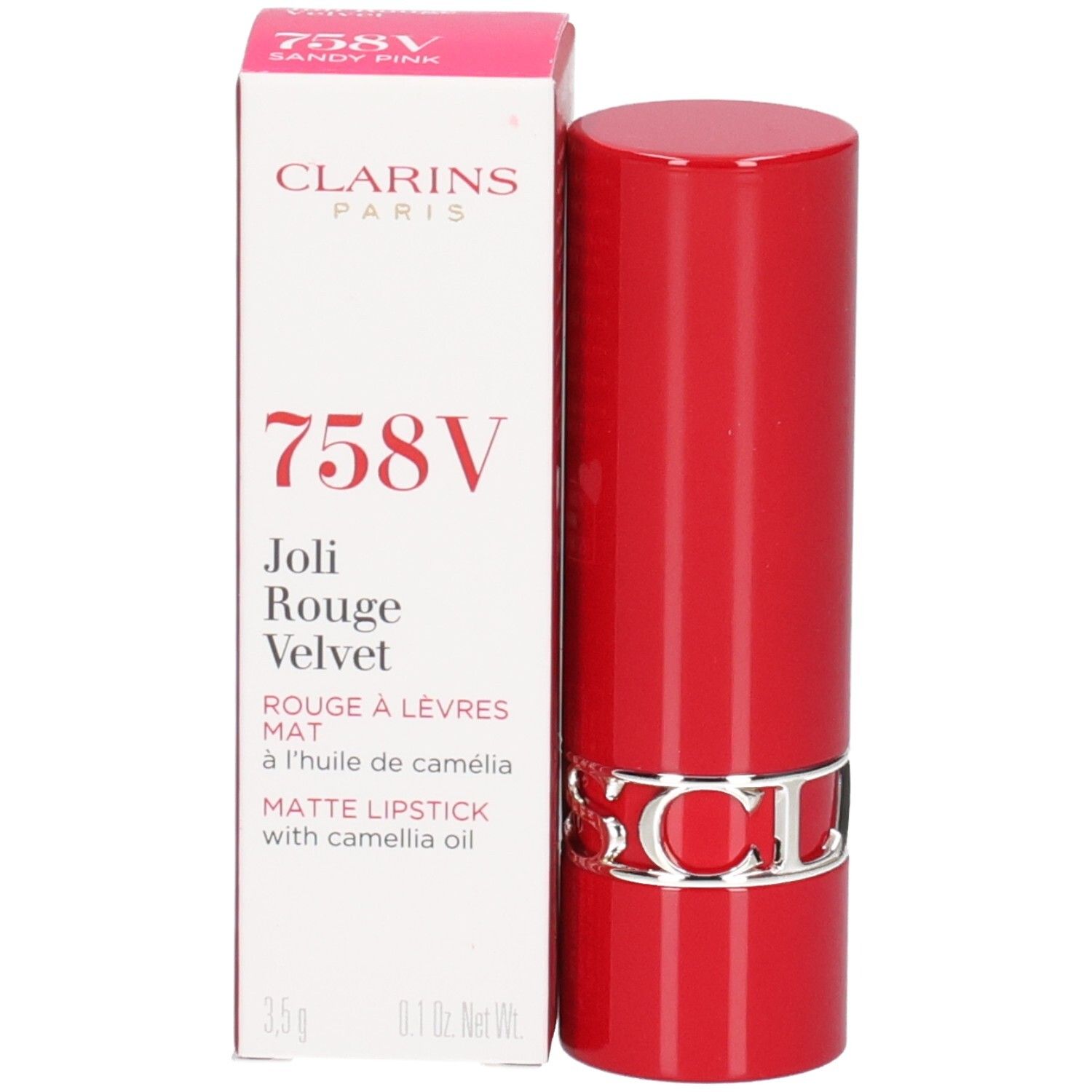 Clarins Joli Rouge Velvet 758V, mat rood lippenstift met zilveren logo band.
