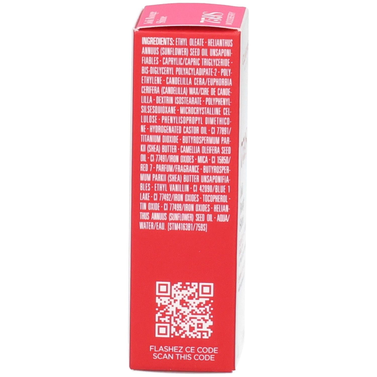 Arrière de l'emballage du Rouge à Lèvres Brillant Clarins avec liste des ingrédients et QR code.