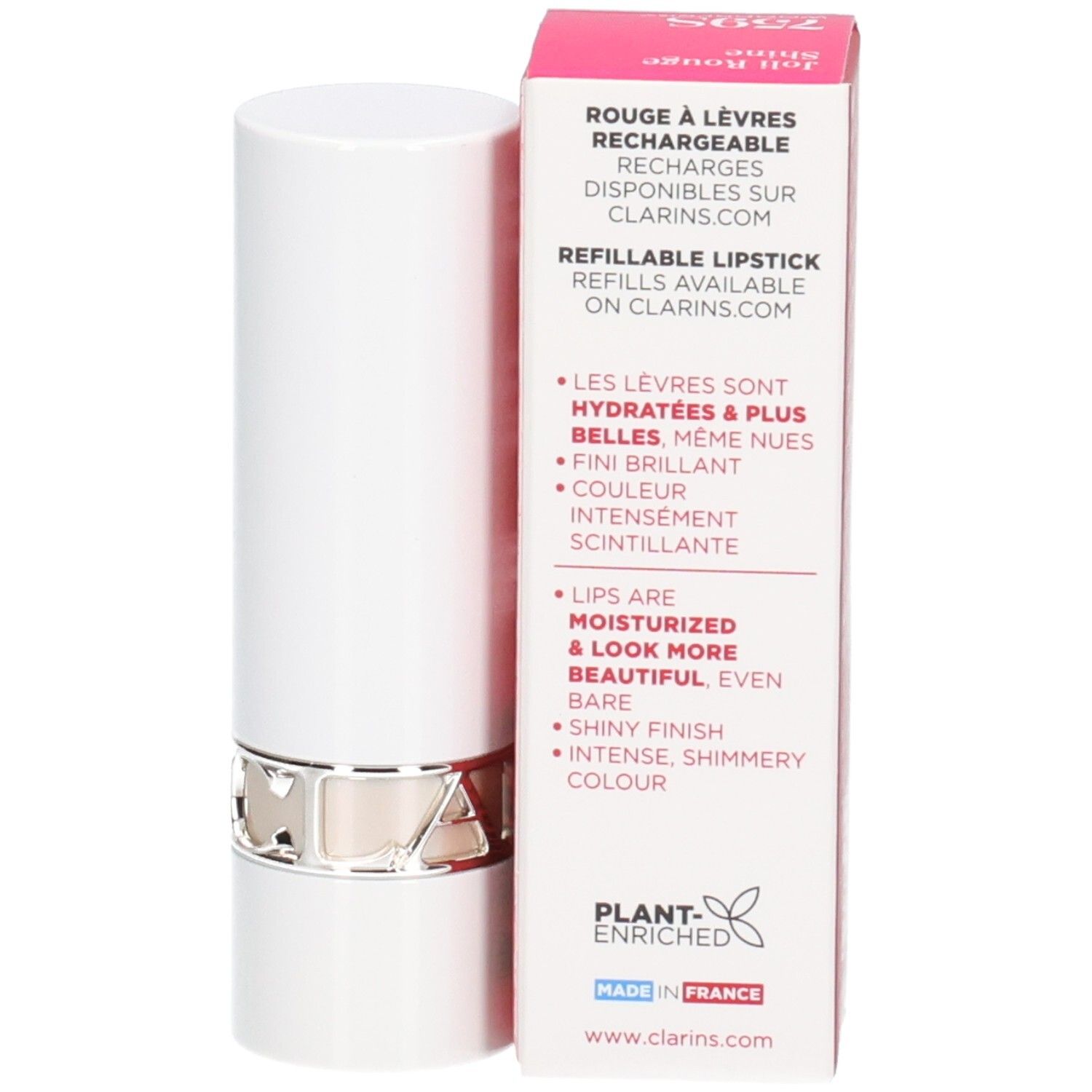 Rouge à Lèvres Brillant Clarins rechargeable, avec anneau argenté et bénéfices produit.
