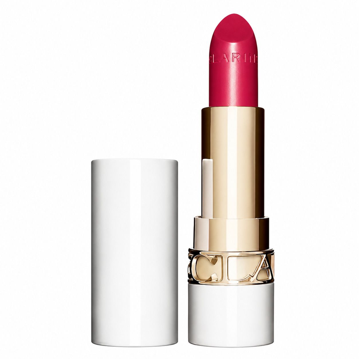 Clarins Joli Rouge Shine lipstick 762S in witte huls met zilveren ring, naast de verpakking.
