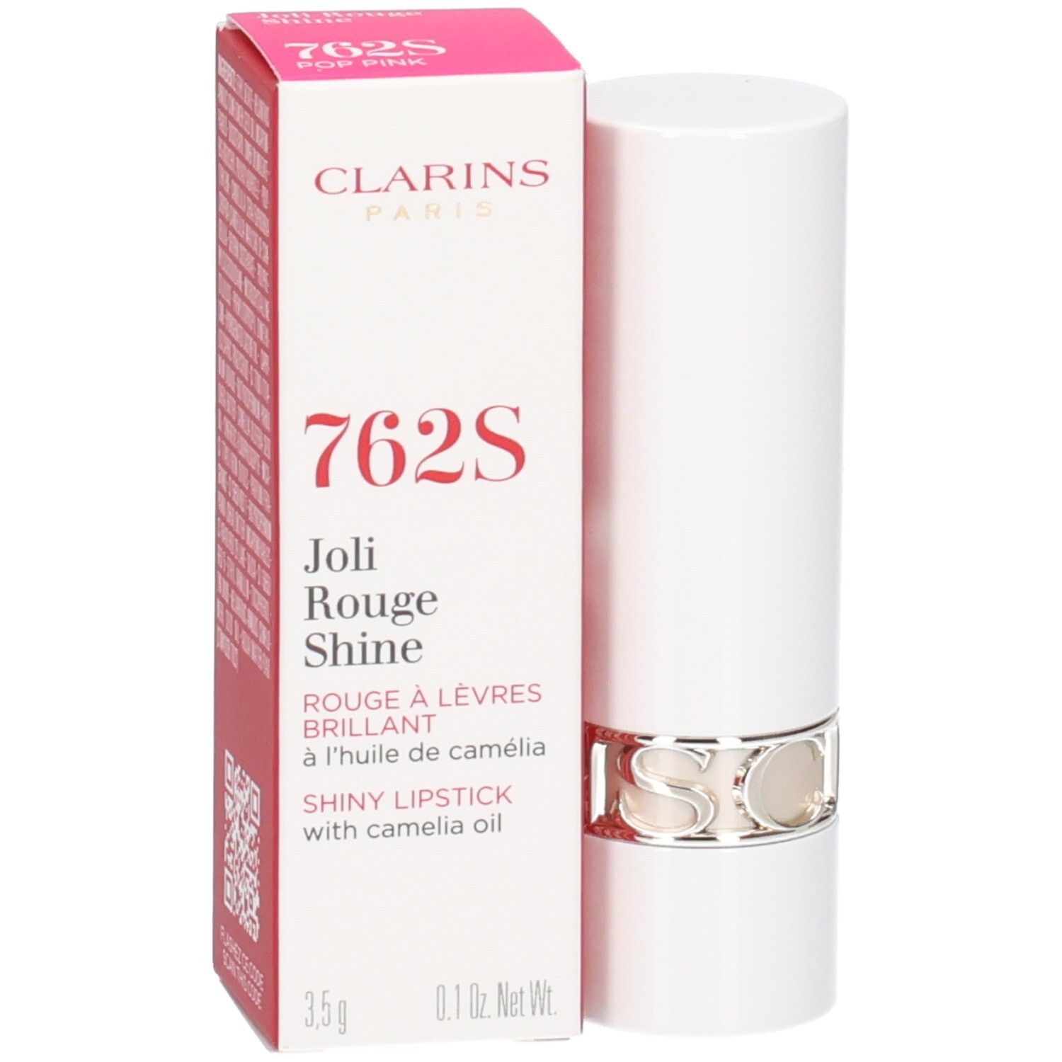 Clarins Joli Rouge Shine lipstick 762S in witte huls met zilveren ring, naast de verpakking.
