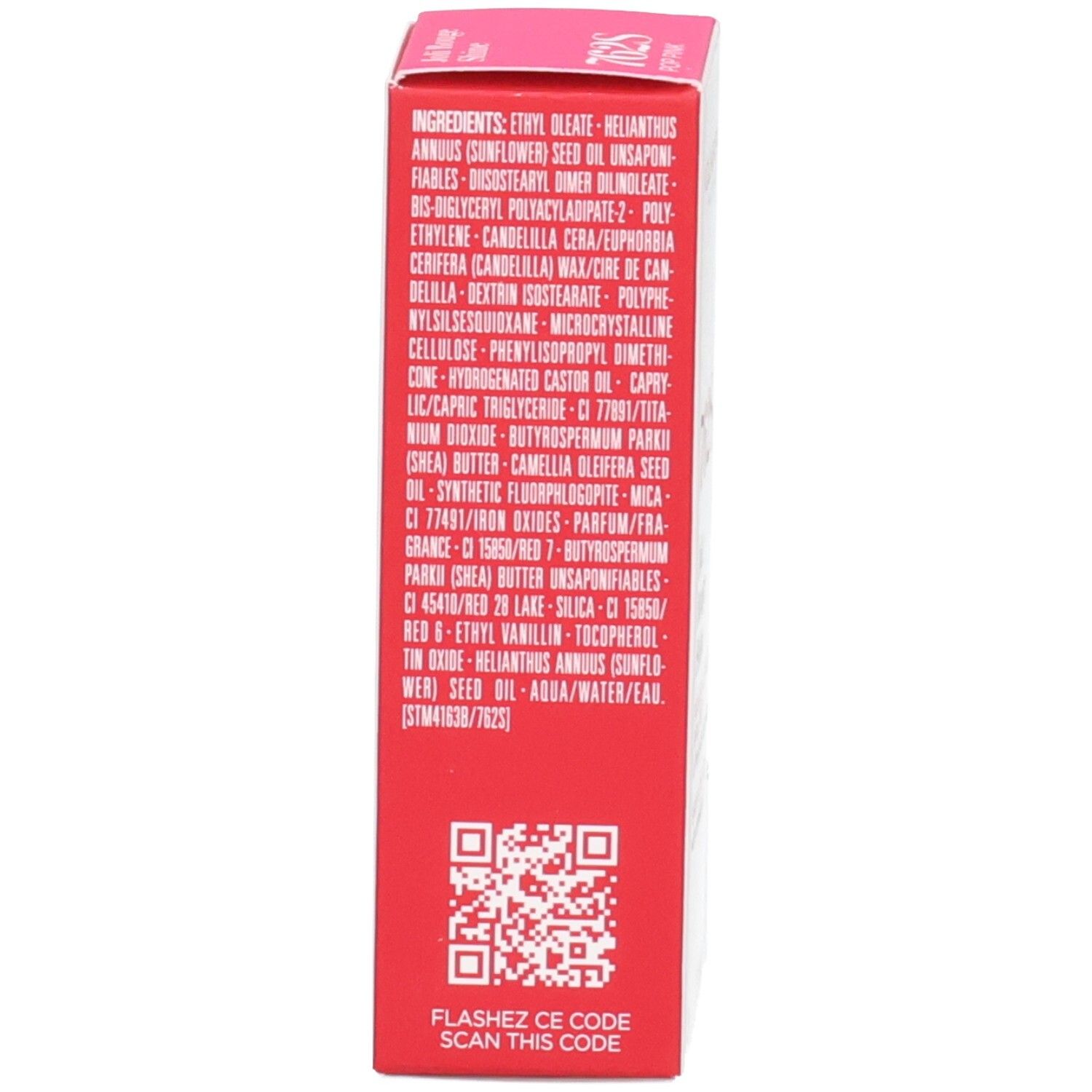 Clarins Joli Rouge Shine lipstick 762S, achterkant van de verpakking met ingrediëntenlijst en QR-code.