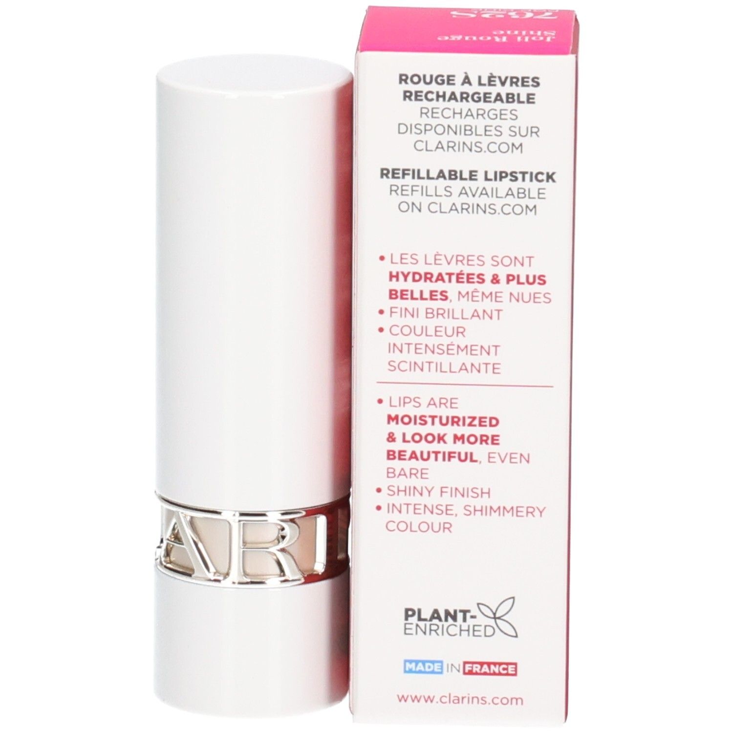 Clarins Joli Rouge Shine lipstick 762S in witte huls met zilveren ring, naast de verpakking die de navulbaarheid aangeeft.