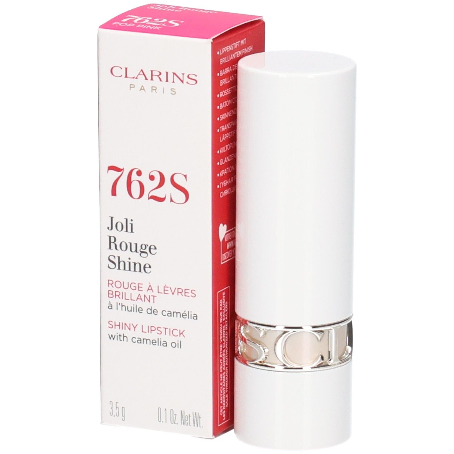 Clarins Joli Rouge Shine lipstick 762S in witte huls met zilveren ring, naast de verpakking.