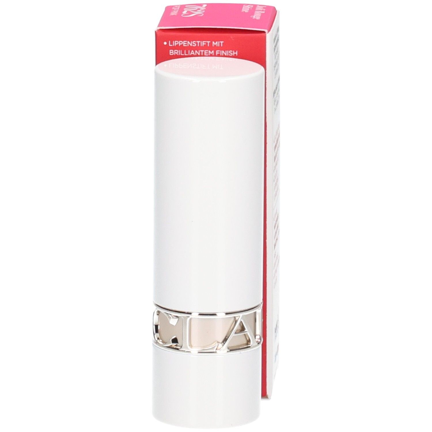 Clarins Joli Rouge Shine lipstick 762S in witte huls met zilveren ring, naast de verpakking.