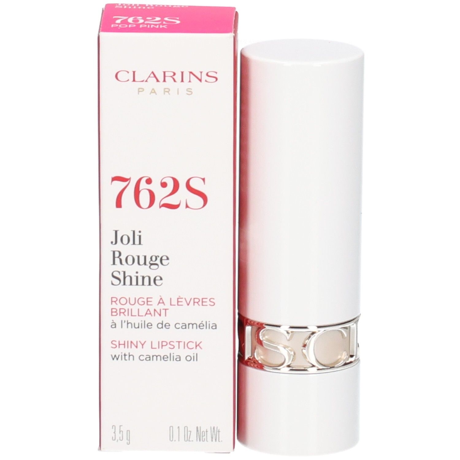 Clarins Joli Rouge Shine lipstick 762S in witte huls met zilveren ring, naast de verpakking.