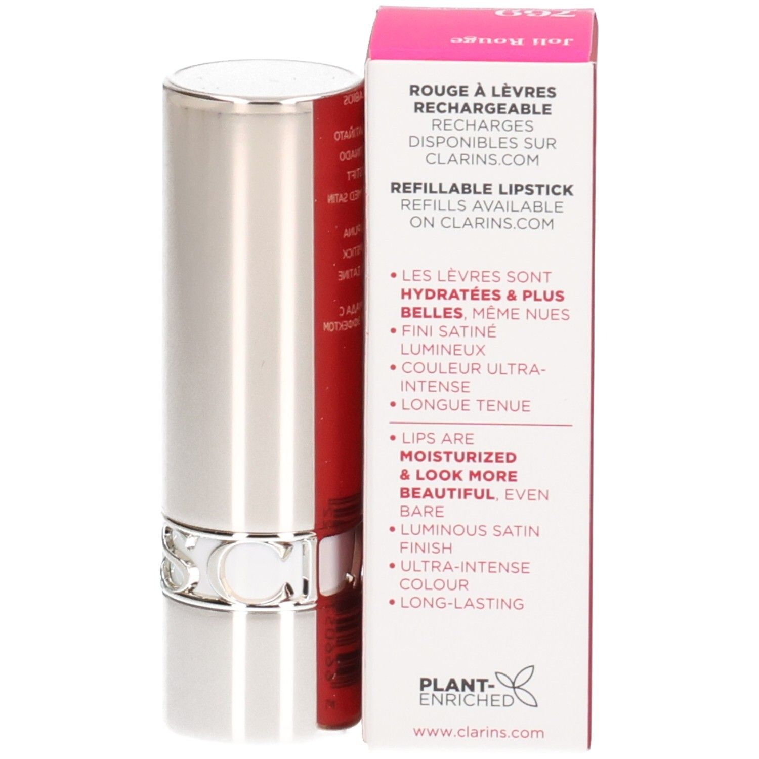 Rouge à lèvres argenté avec un insert rouge et un capuchon argenté. À côté, une boîte blanche avec des accents roses et des informations produit.