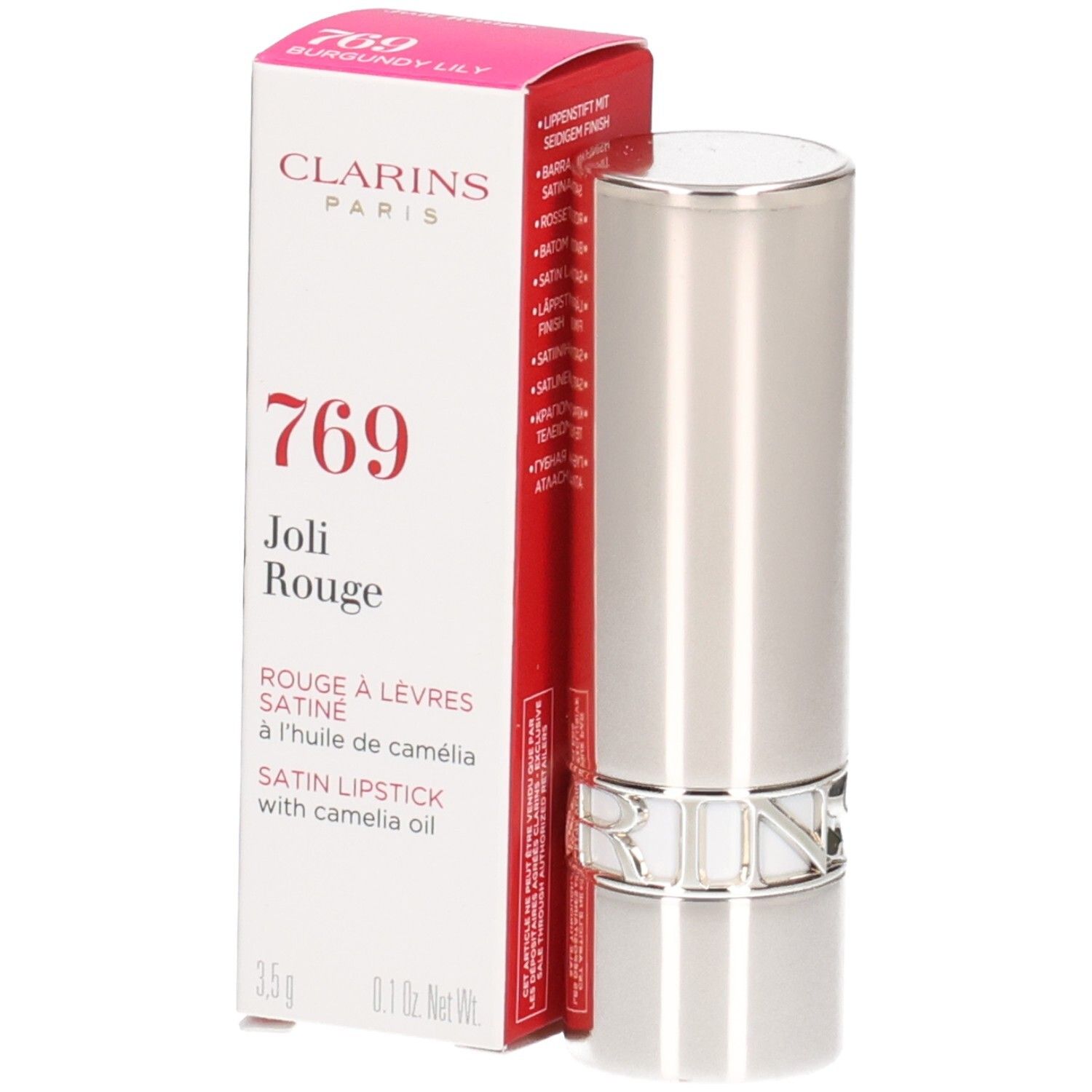 Rouge à lèvres argenté avec capuchon argenté et anneau argenté. À côté, une boîte blanche avec inscription rouge indiquant le numéro 769 et "Joli Rouge".