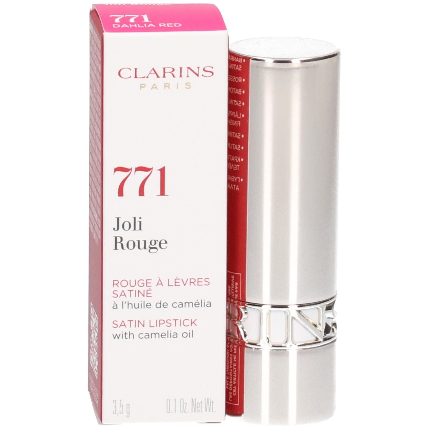 Clarins Joli Rouge lippenstift 771 Dahlia Red in zilveren huls met verpakking.