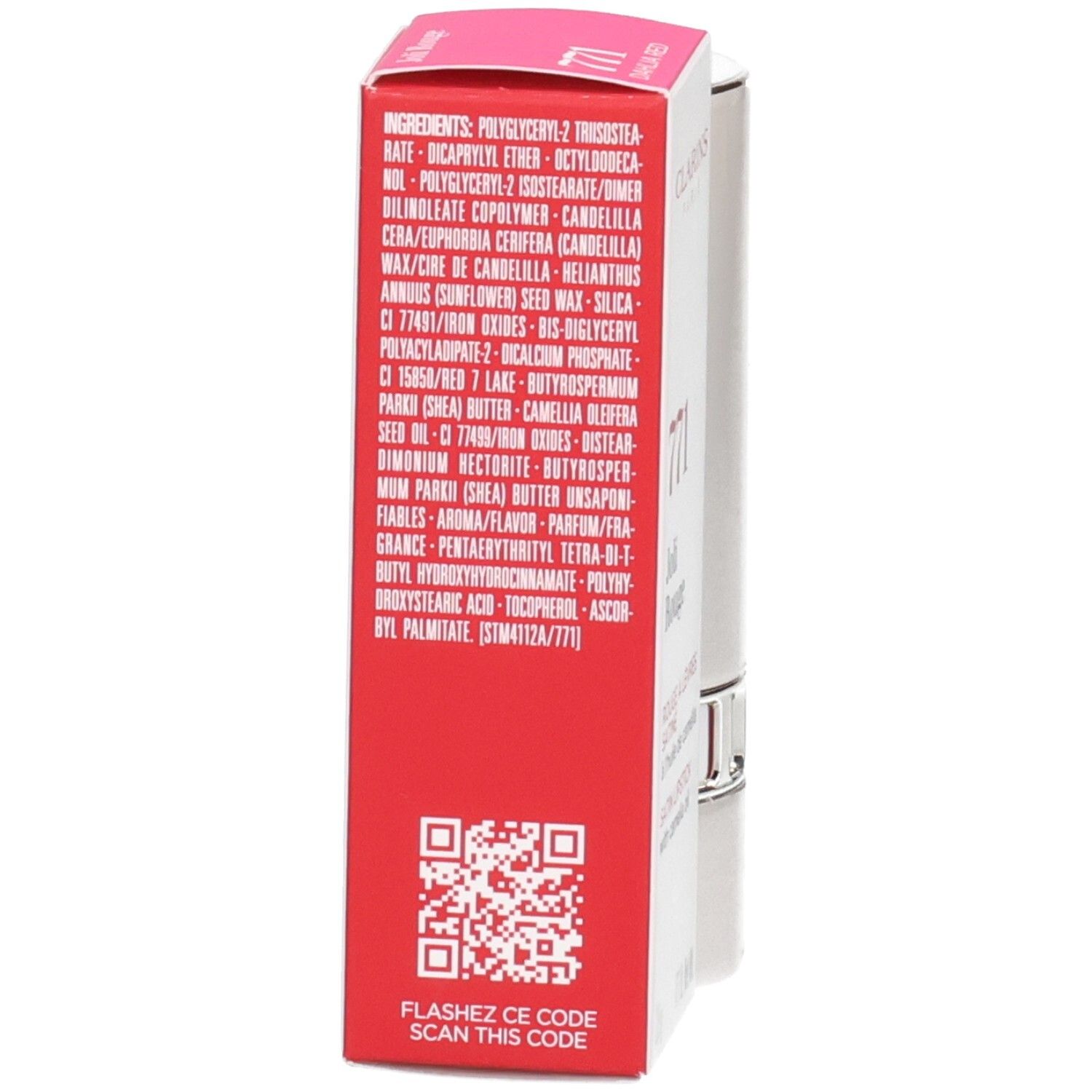 Clarins Joli Rouge lippenstift 771 Dahlia Red, achterkant verpakking met ingrediënten.