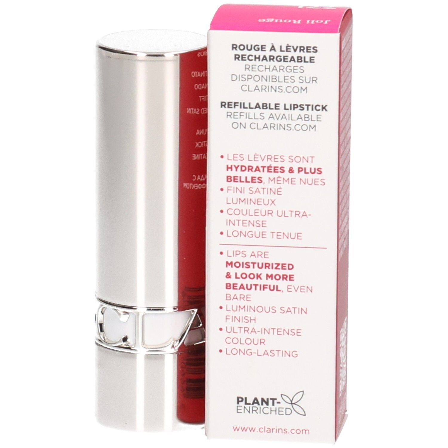 Clarins Joli Rouge navulbare lippenstift 771 Dahlia Red, zilveren huls met verpakking.