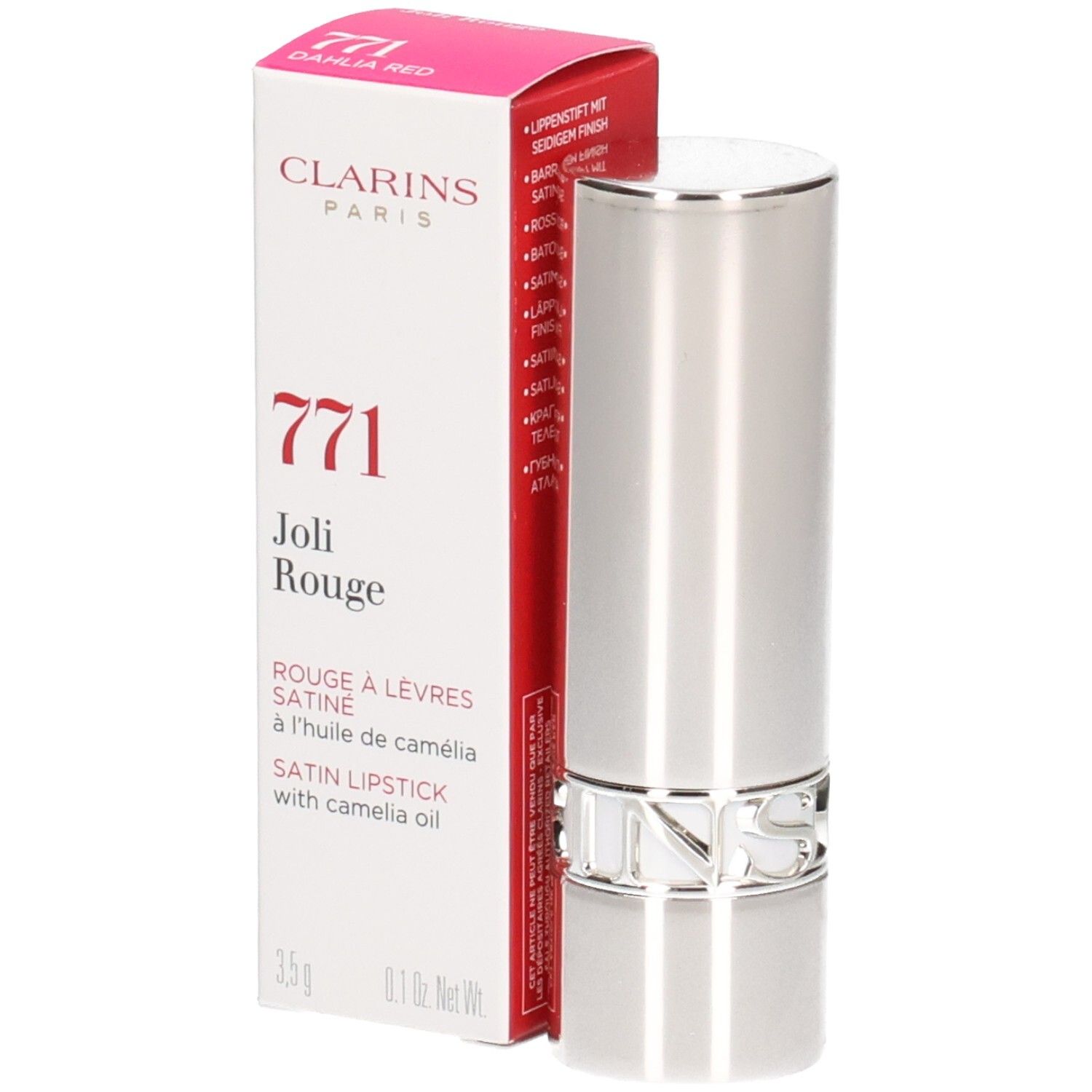 Clarins Joli Rouge lippenstift 771 Dahlia Red, zilveren huls met verpakking.