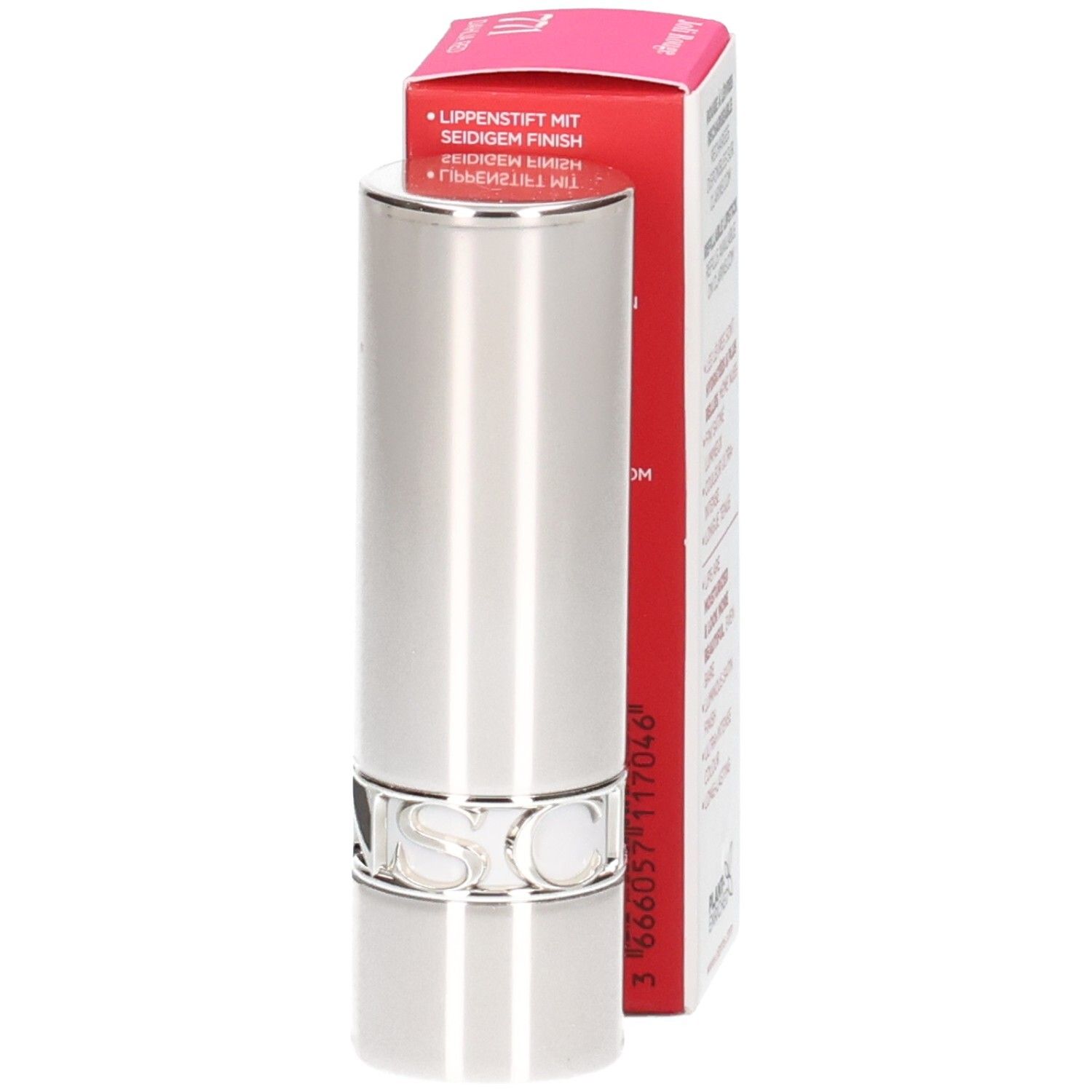 Clarins Joli Rouge lippenstift 771 Dahlia Red, zilveren huls met verpakking.