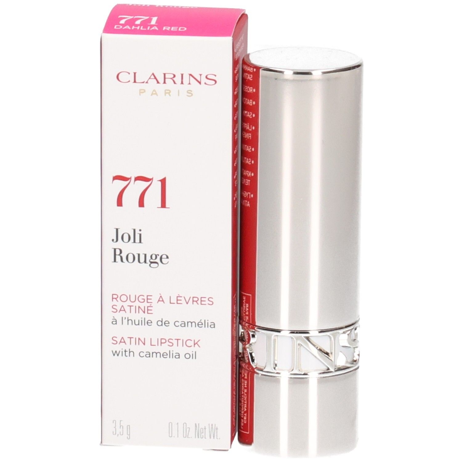 Clarins Joli Rouge lippenstift 771 Dahlia Red, zilveren huls met verpakking.