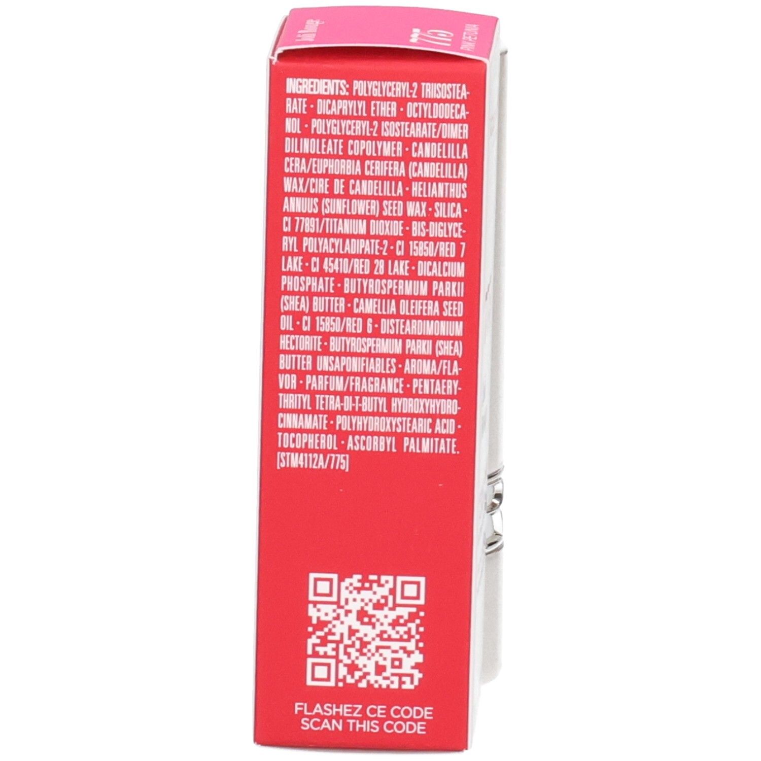 Clarins Joli Rouge lipstick 775 Pink Petunia, achterkant verpakking met ingrediënten.