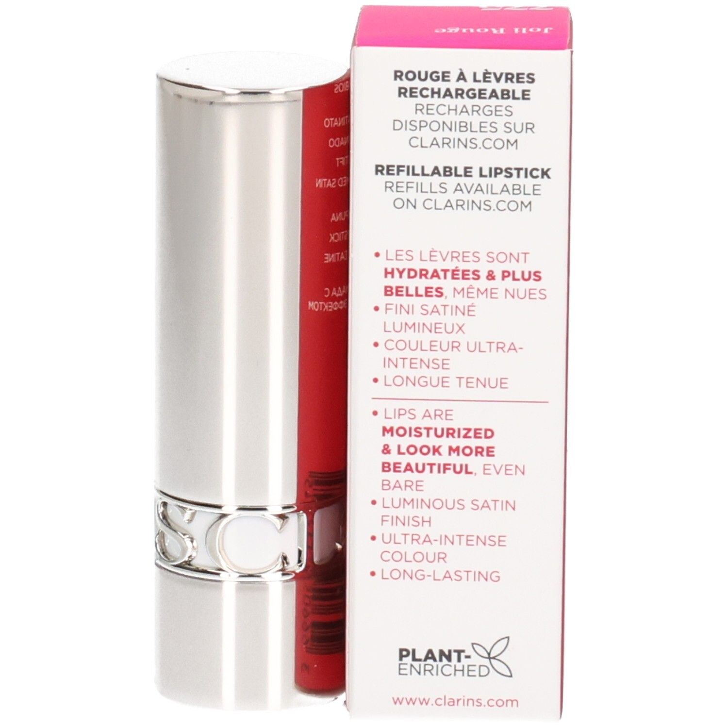 Clarins Joli Rouge lipstick 775 Pink Petunia, zilveren huls met rode lipstickstift.