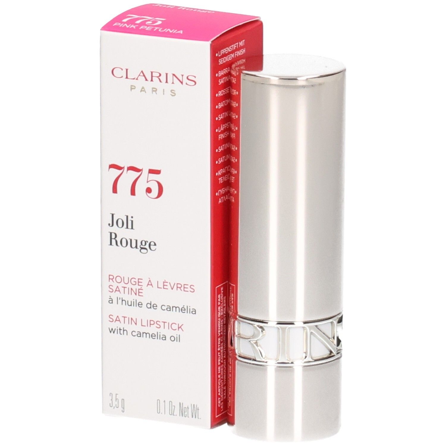 Clarins Joli Rouge lipstick 775 Pink Petunia, zilveren huls en verpakking.