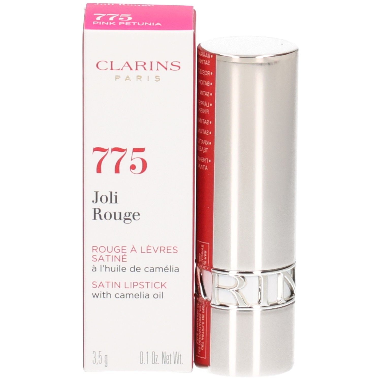 Clarins Joli Rouge lipstick 775 Pink Petunia, zilveren huls en verpakking.