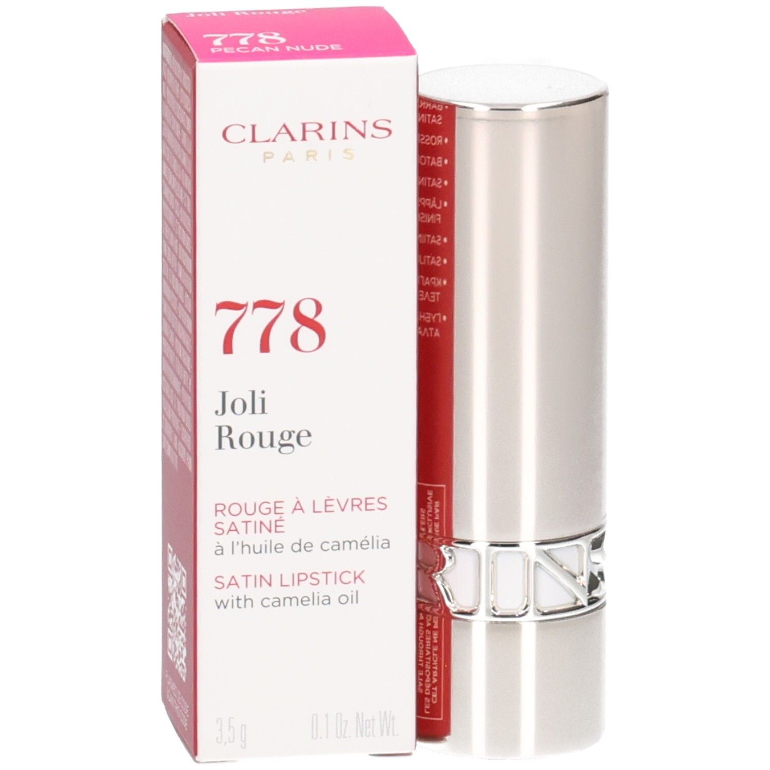 Clarins Joli Rouge satijnen lippenstift 778 Pecan Nude, zilveren huls en verpakking.