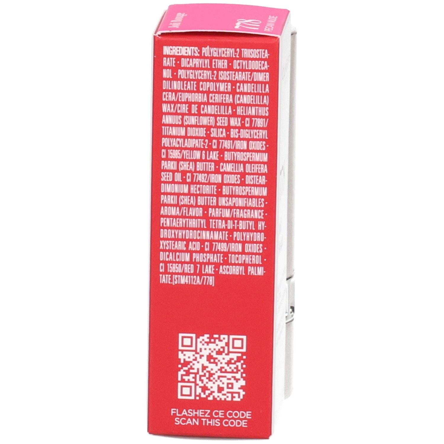 Clarins Joli Rouge satijnen lippenstift 778 Pecan Nude: zijaanzicht van de ingrediënten op de verpakking.