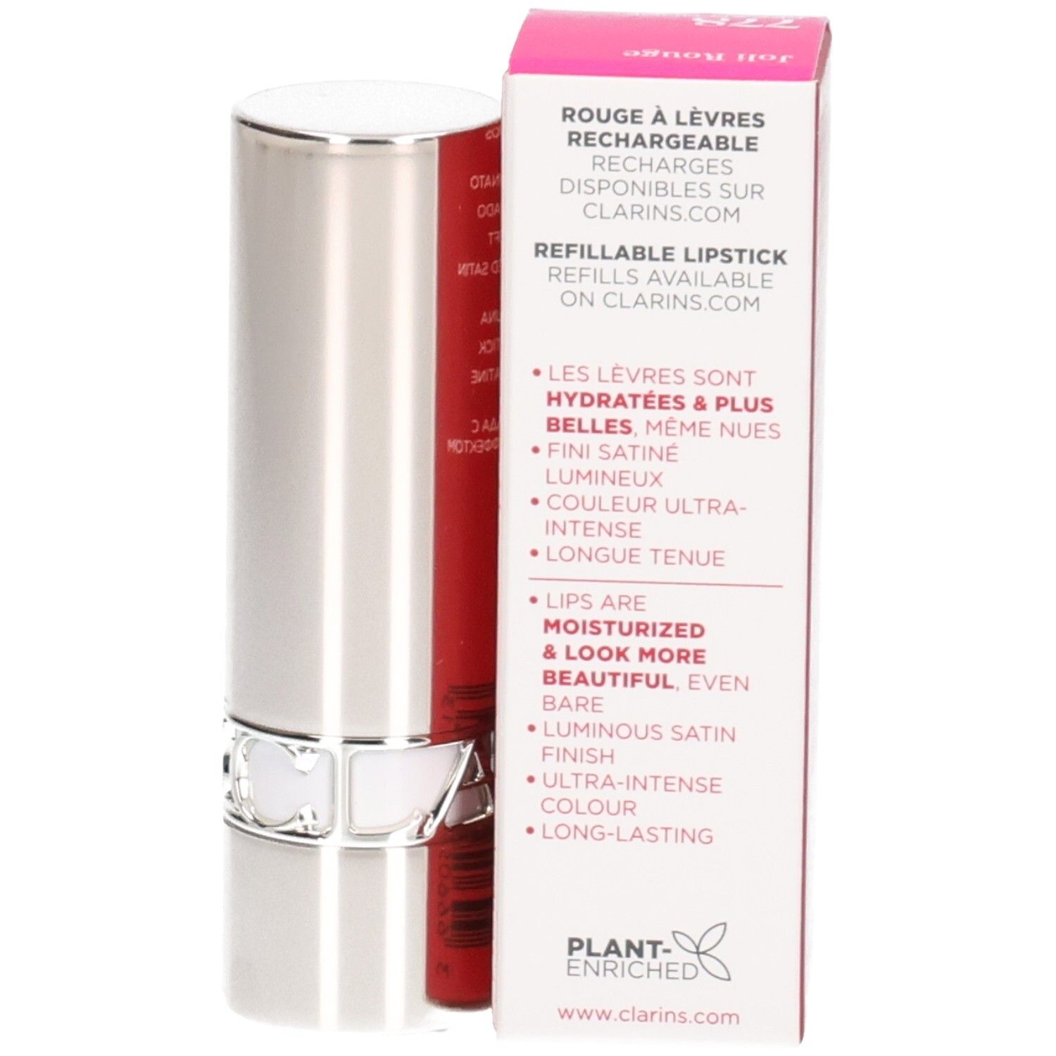 Clarins Joli Rouge satijnen lippenstift 778 Pecan Nude: navulbare lippenstift, zilveren huls en verpakking.