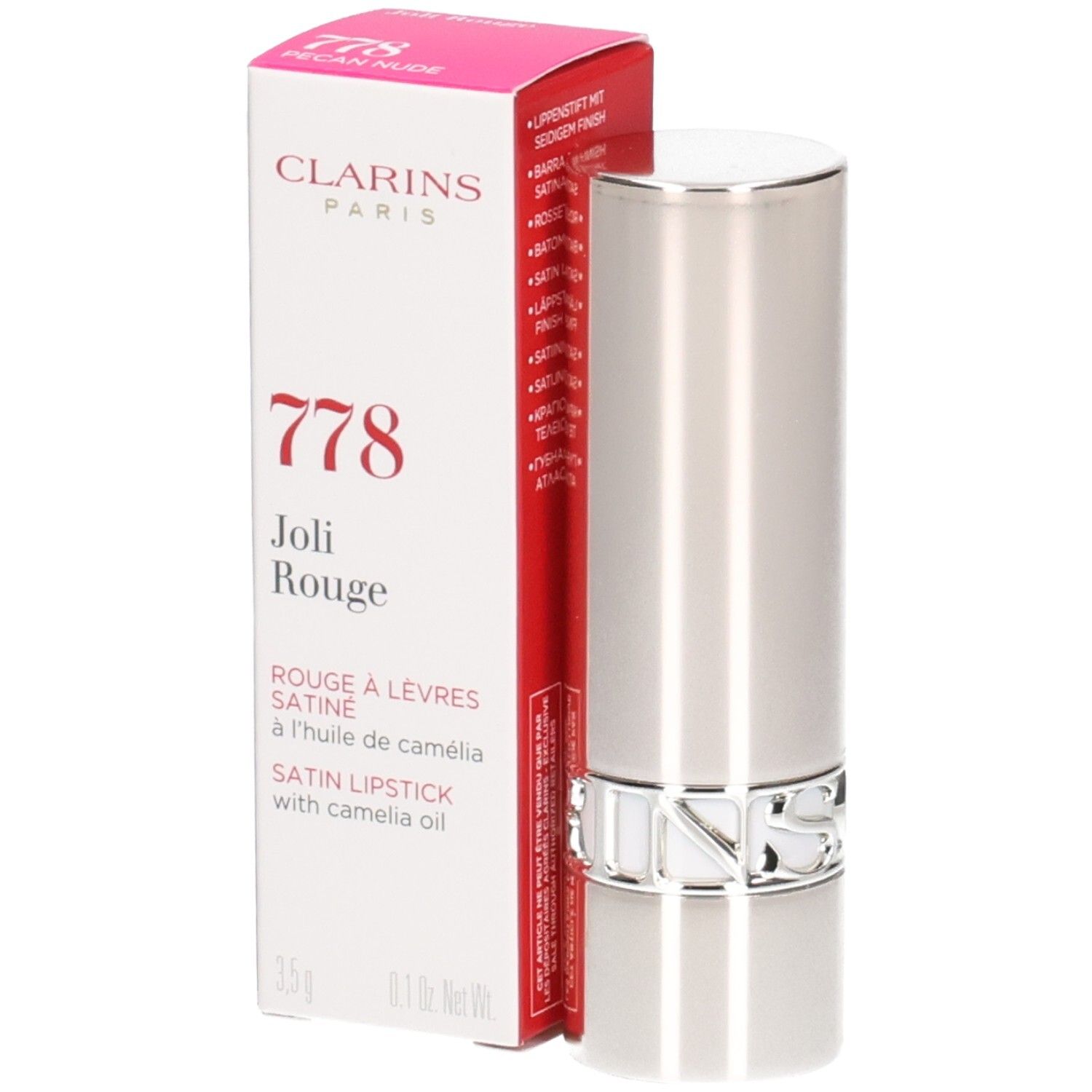 Clarins Joli Rouge satijnen lippenstift 778 Pecan Nude, zilveren huls en verpakking.