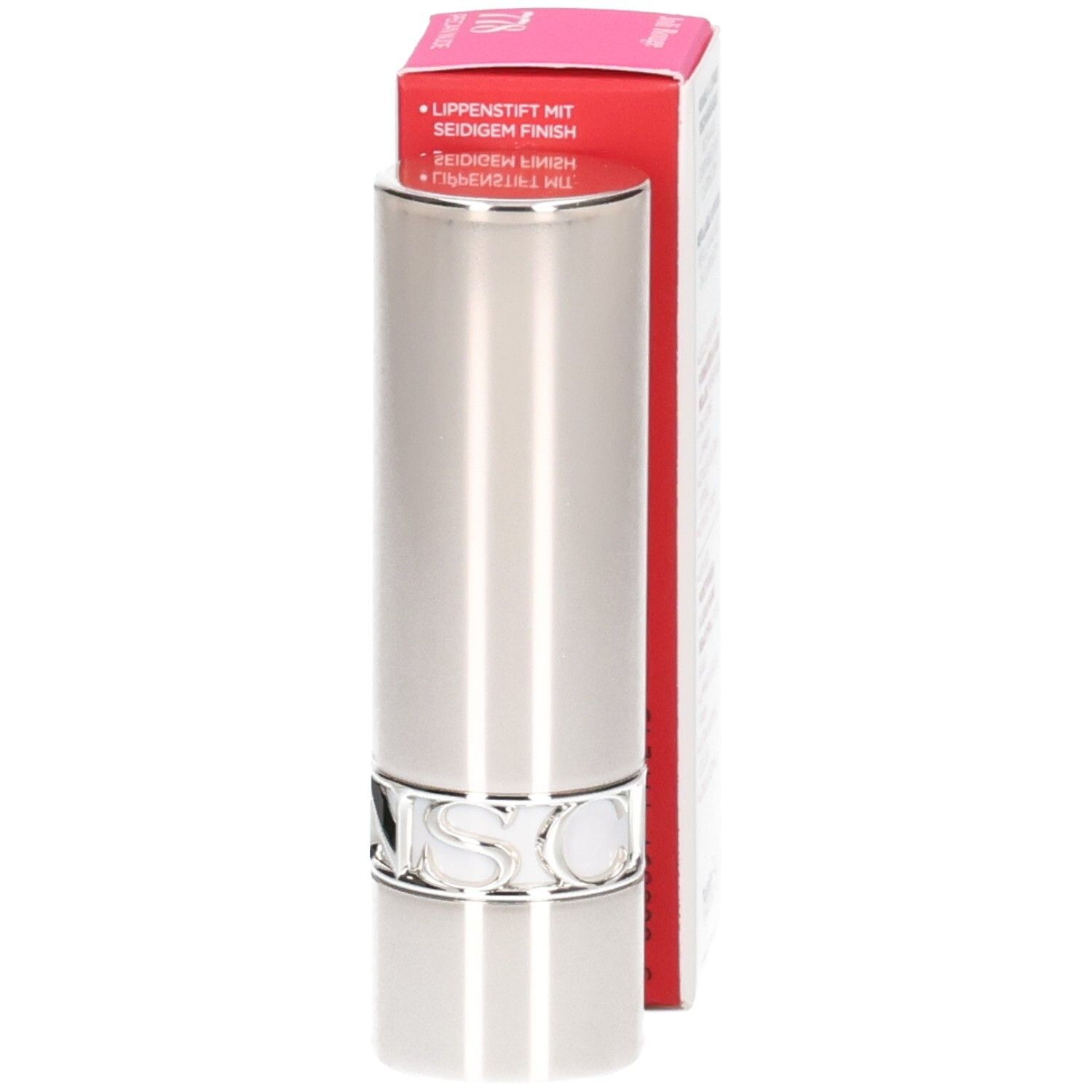 Clarins Joli Rouge satijnen lippenstift 778 Pecan Nude: zilveren huls met logo en rode verpakking.