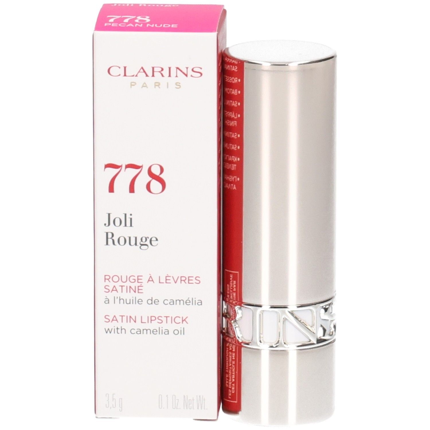 Clarins Joli Rouge satijnen lippenstift 778 Pecan Nude, zilveren huls en verpakking.