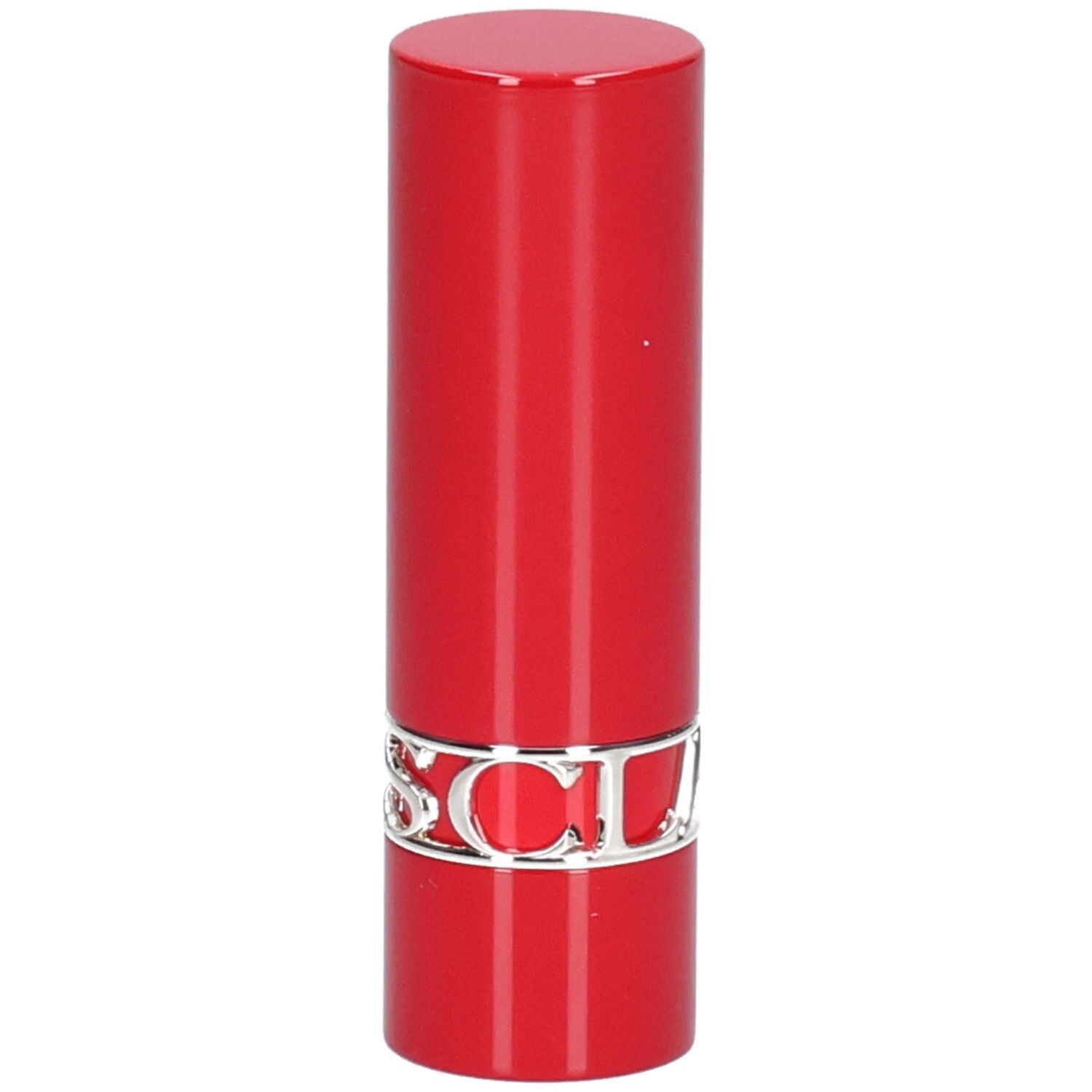 Rode lippenstift met zilveren merknaam.