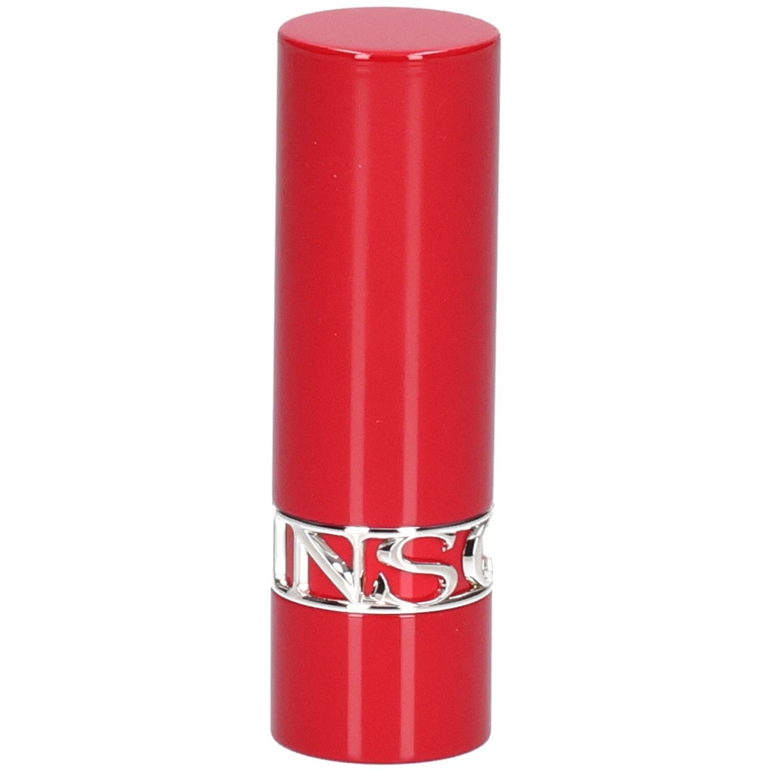Rode lippenstift met zilveren merknaam.