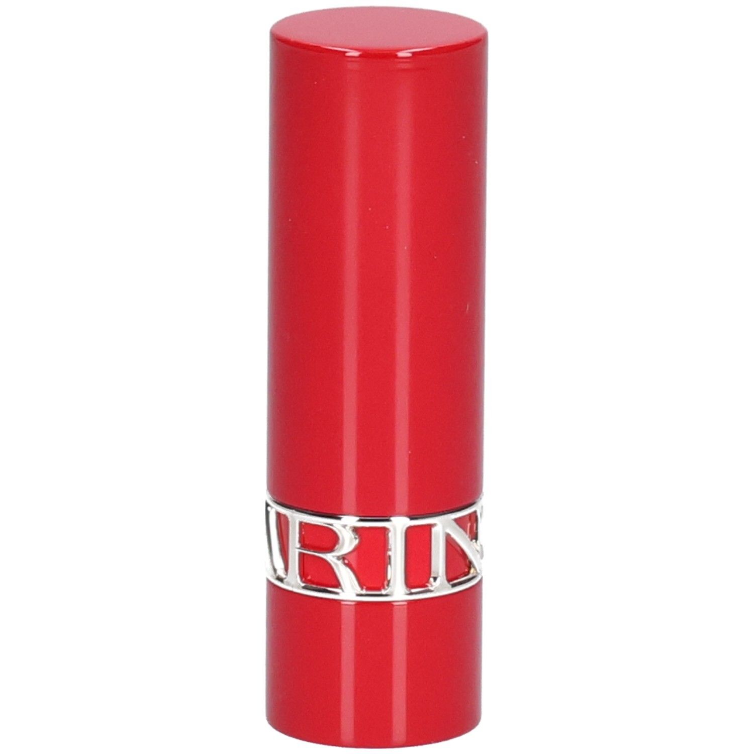 Rode lippenstift met zilveren merknaam.