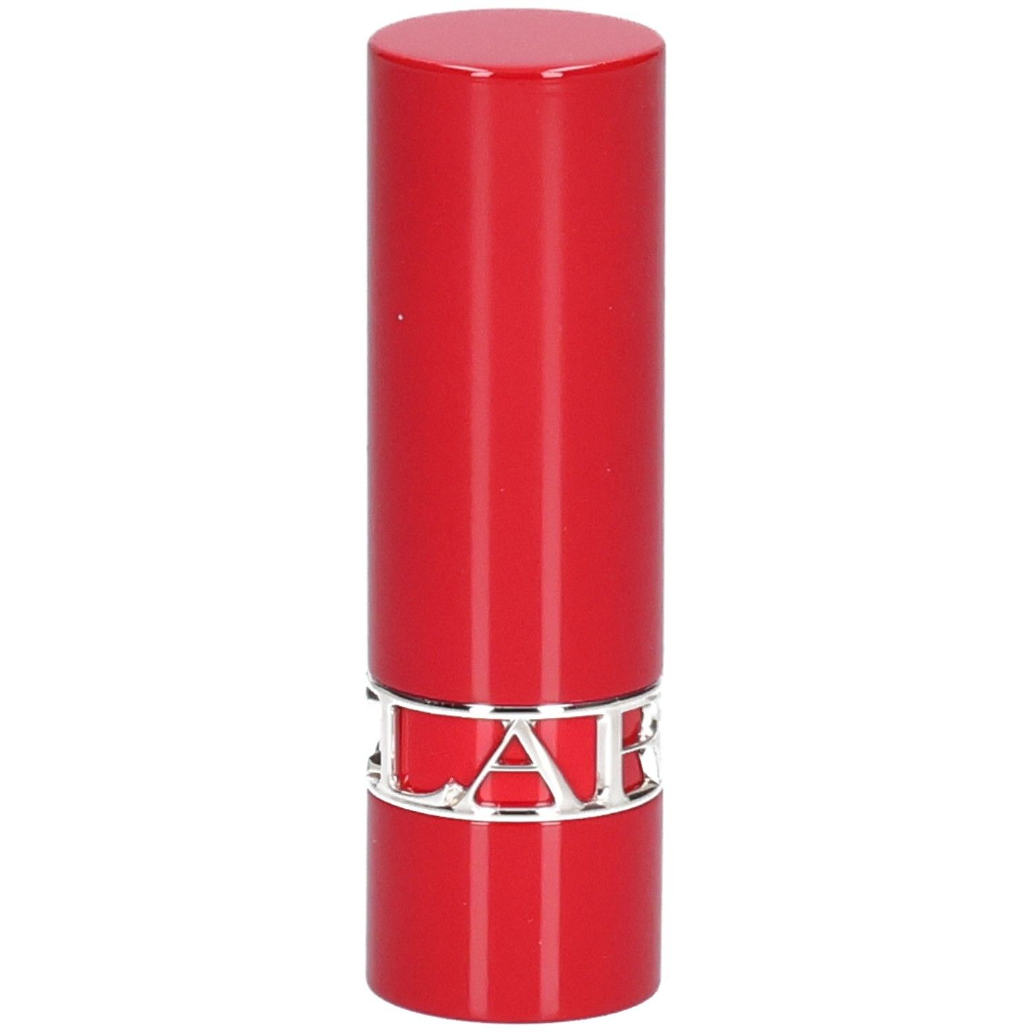 Rode lippenstift met zilveren merknaam.