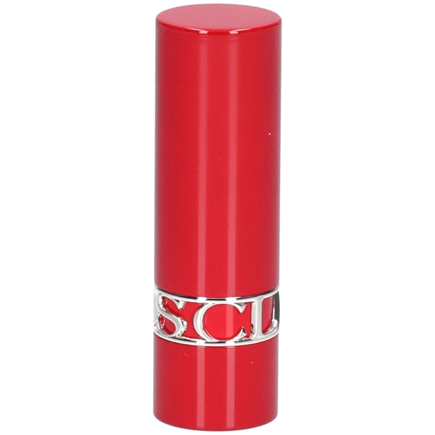 Rode lippenstift met zilveren merknaam.