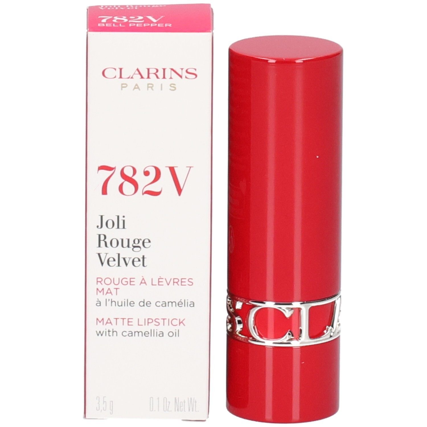 Clarins Joli Rouge Velvet 782V mat, rode lippenstift met verpakking.
