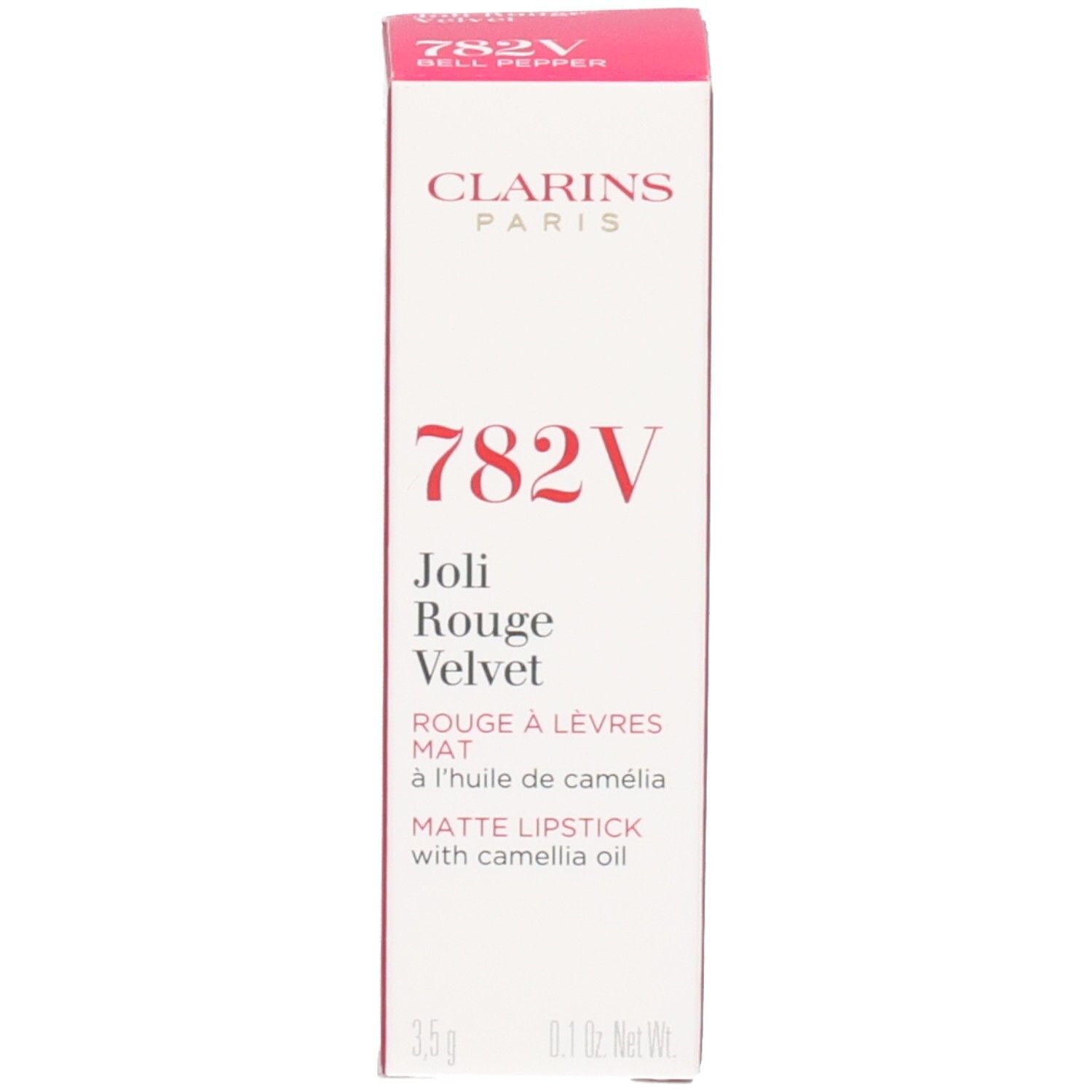 Clarins Joli Rouge Velvet 782V mat, rode lippenstift met verpakking.