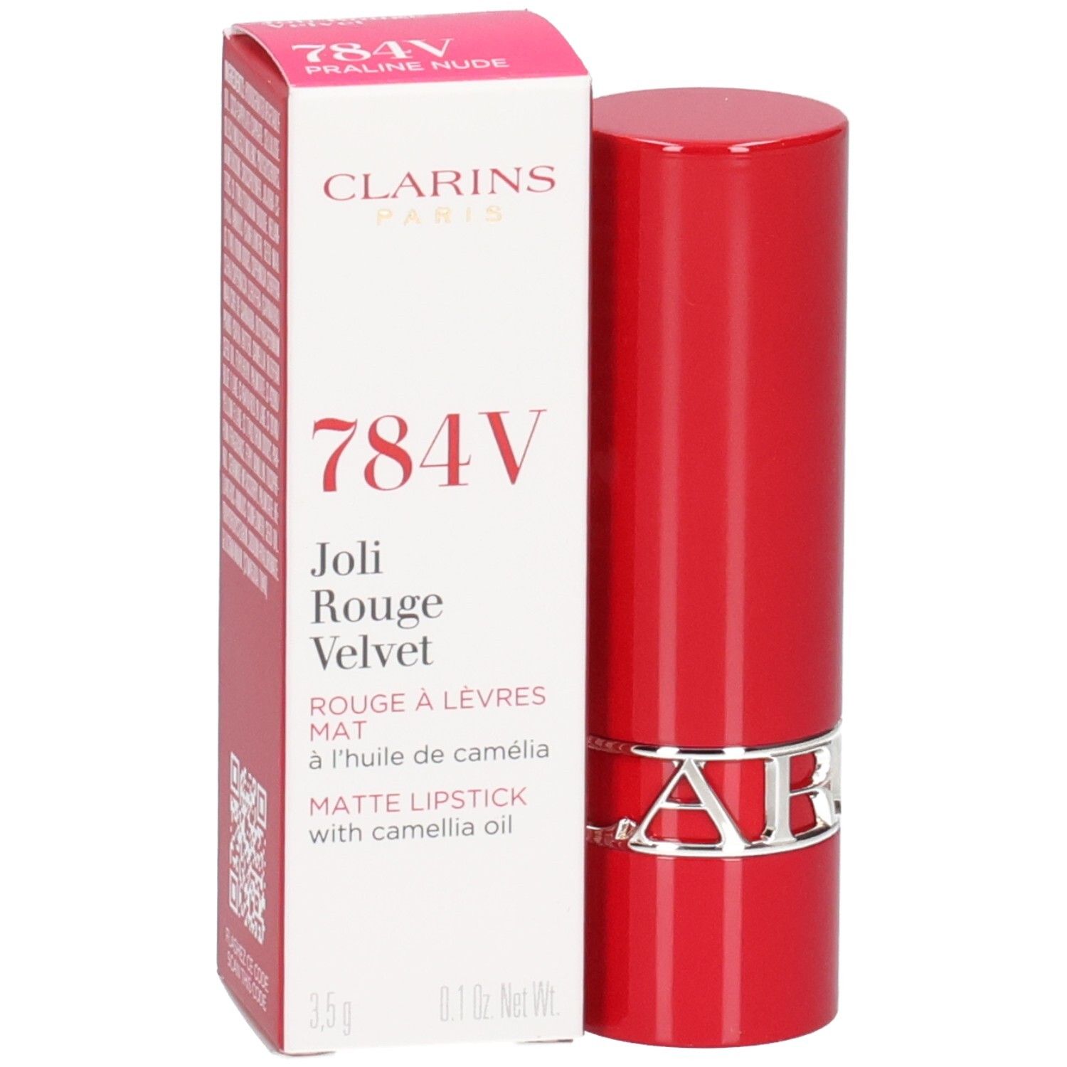 Rouge à lèvres mat Clarins Joli Rouge Velvet 784V Praline Nude, tube rouge avec anneau argenté.