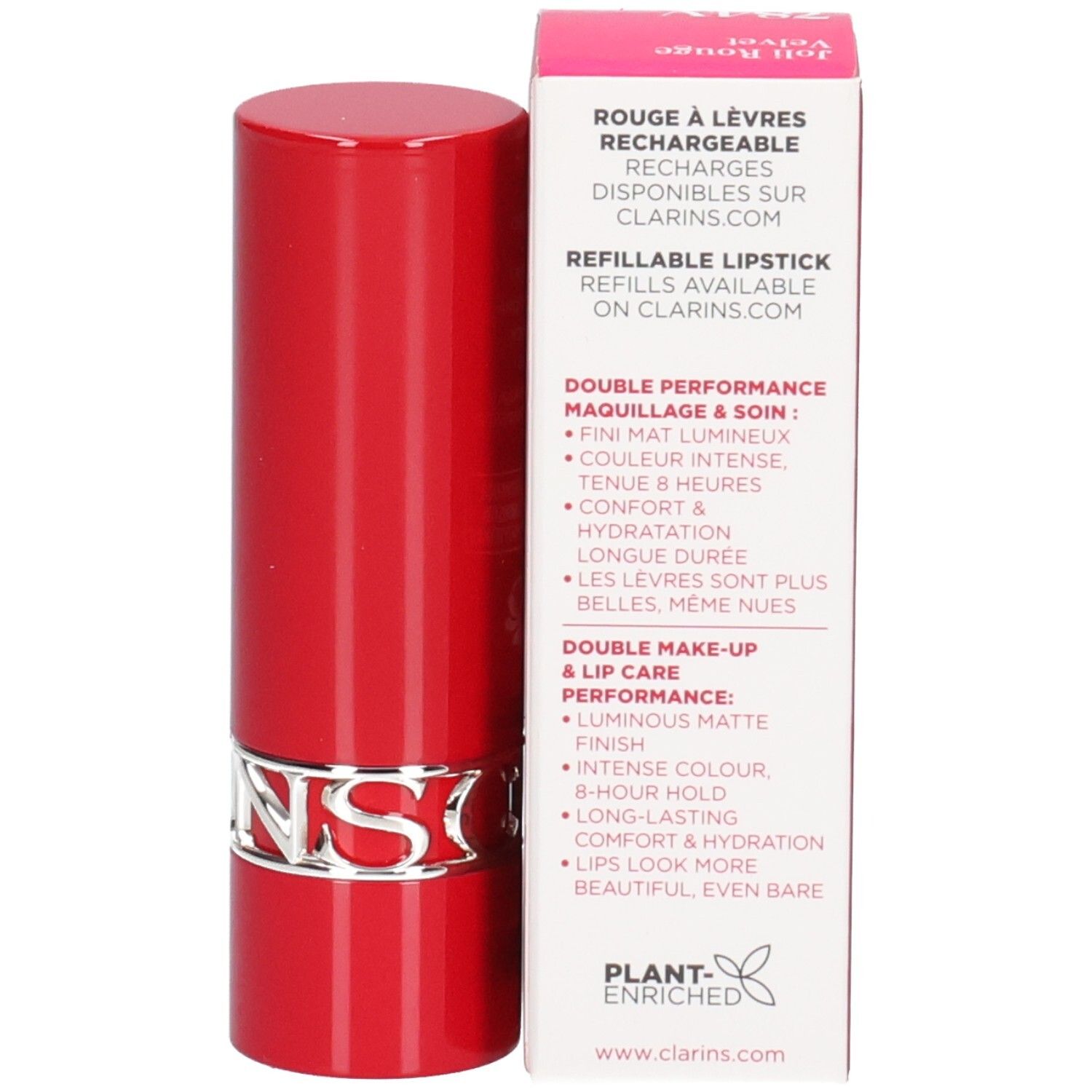 Rouge à lèvres mat Clarins Joli Rouge Velvet 784V Praline Nude, tube rouge avec anneau argenté, rechargeable.
