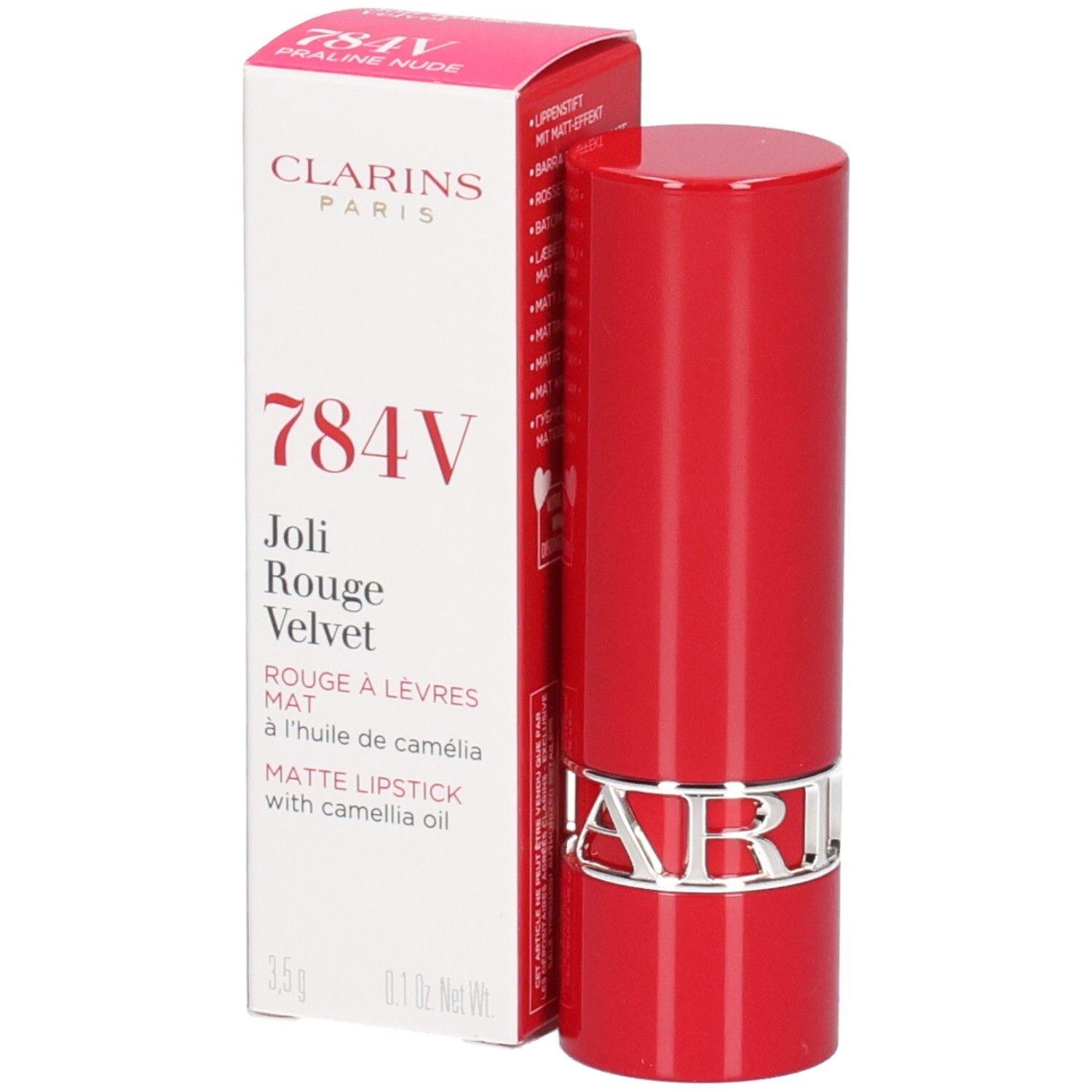 Rouge à lèvres mat Clarins Joli Rouge Velvet 784V Praline Nude, tube rouge avec anneau argenté, emballage.