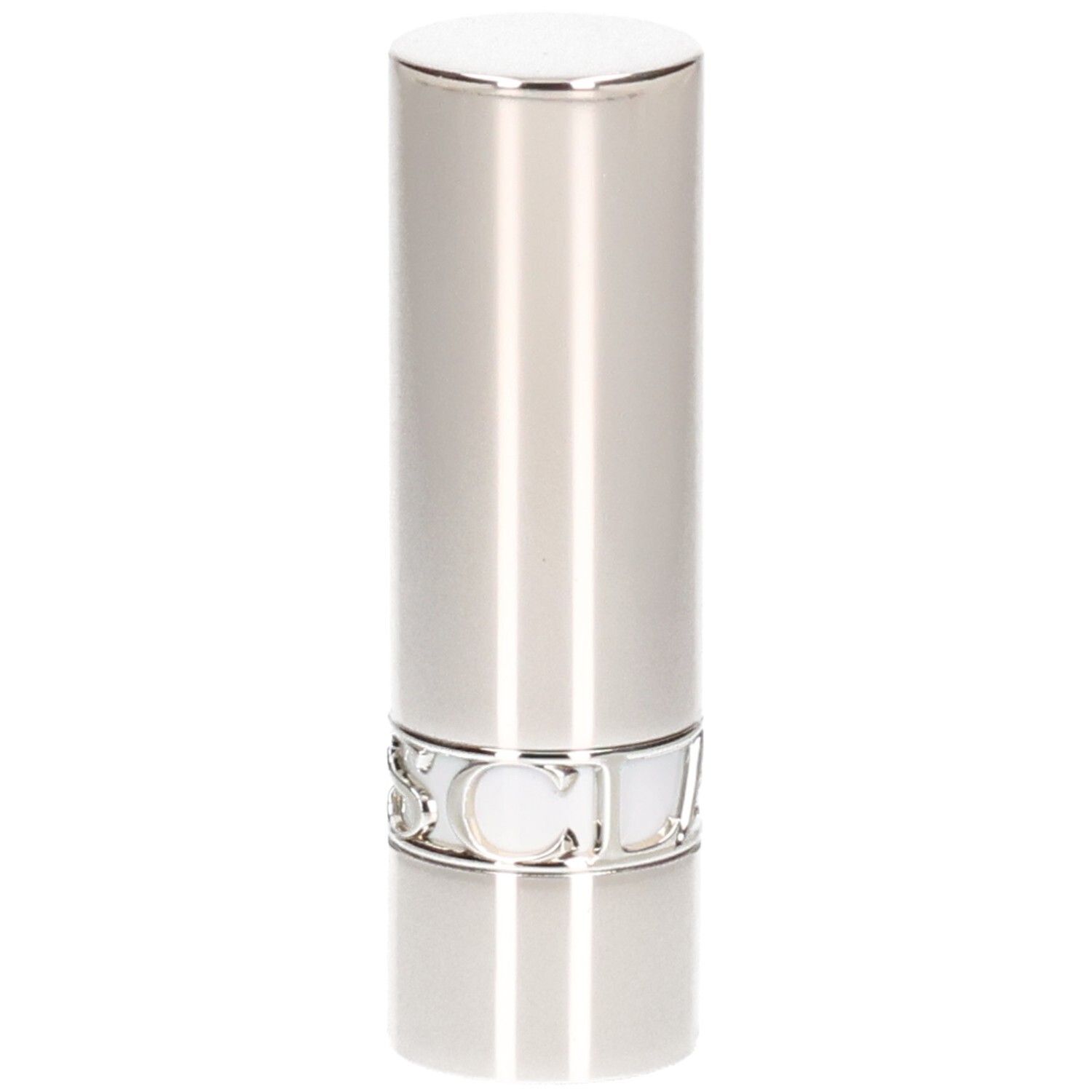 Zilveren lippenstift huls, glanzende afwerking, met zilveren belettering aan de basis.