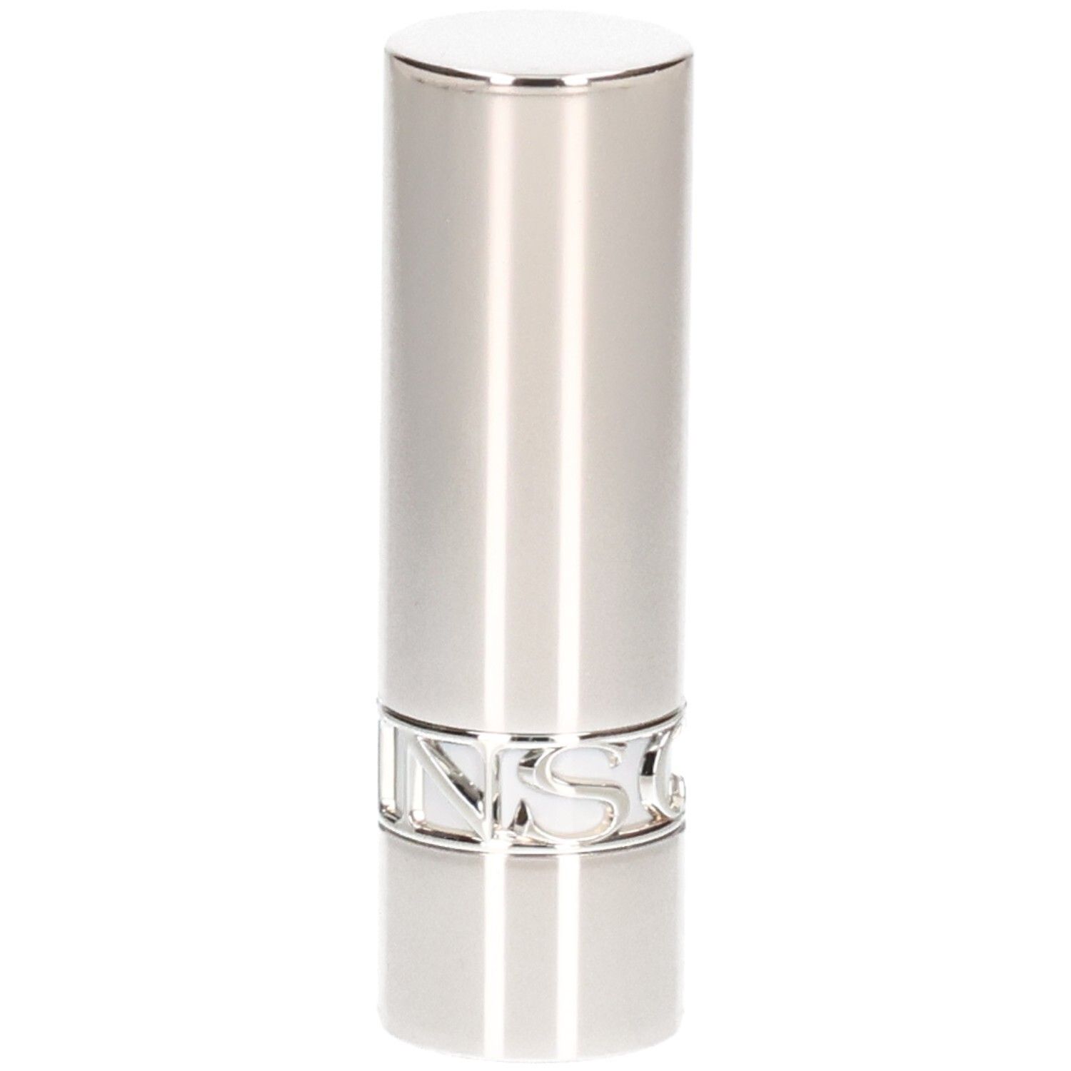 Zilveren lippenstift huls, glanzende afwerking, met zilveren belettering aan de basis.