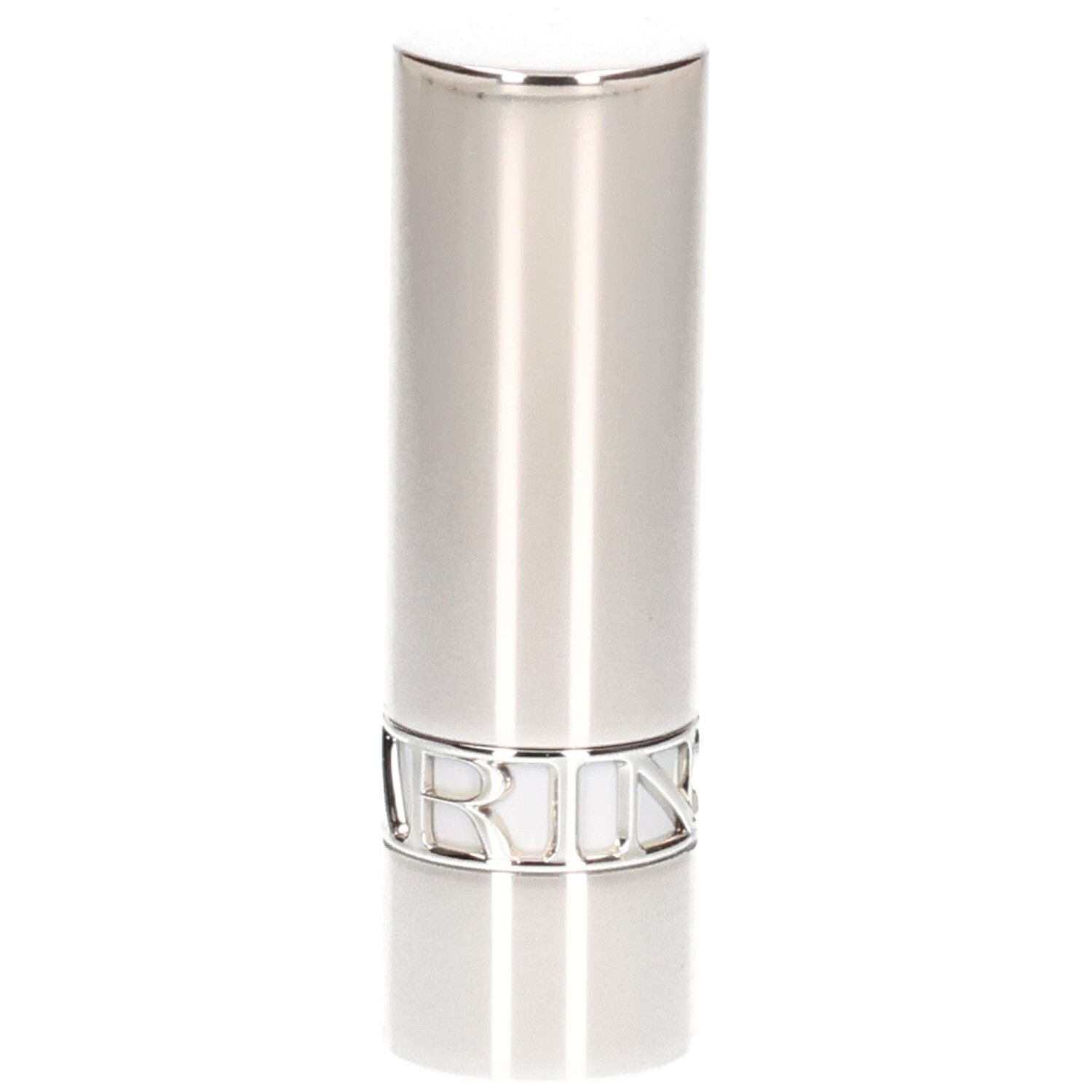 Zilveren lippenstift huls, glanzende afwerking, met zilveren belettering aan de basis.