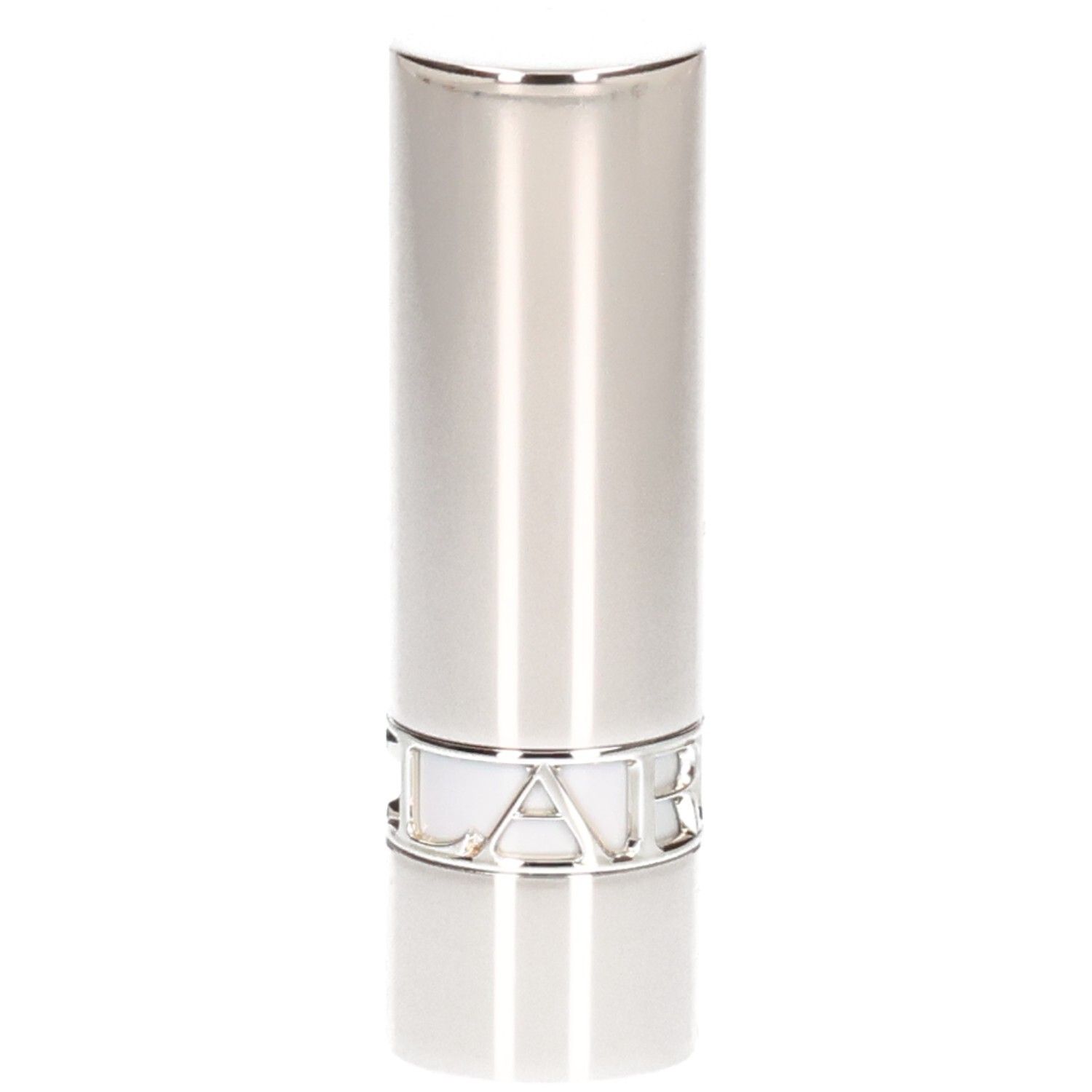 Zilveren lippenstift huls, glanzende afwerking, met zilveren belettering aan de basis.
