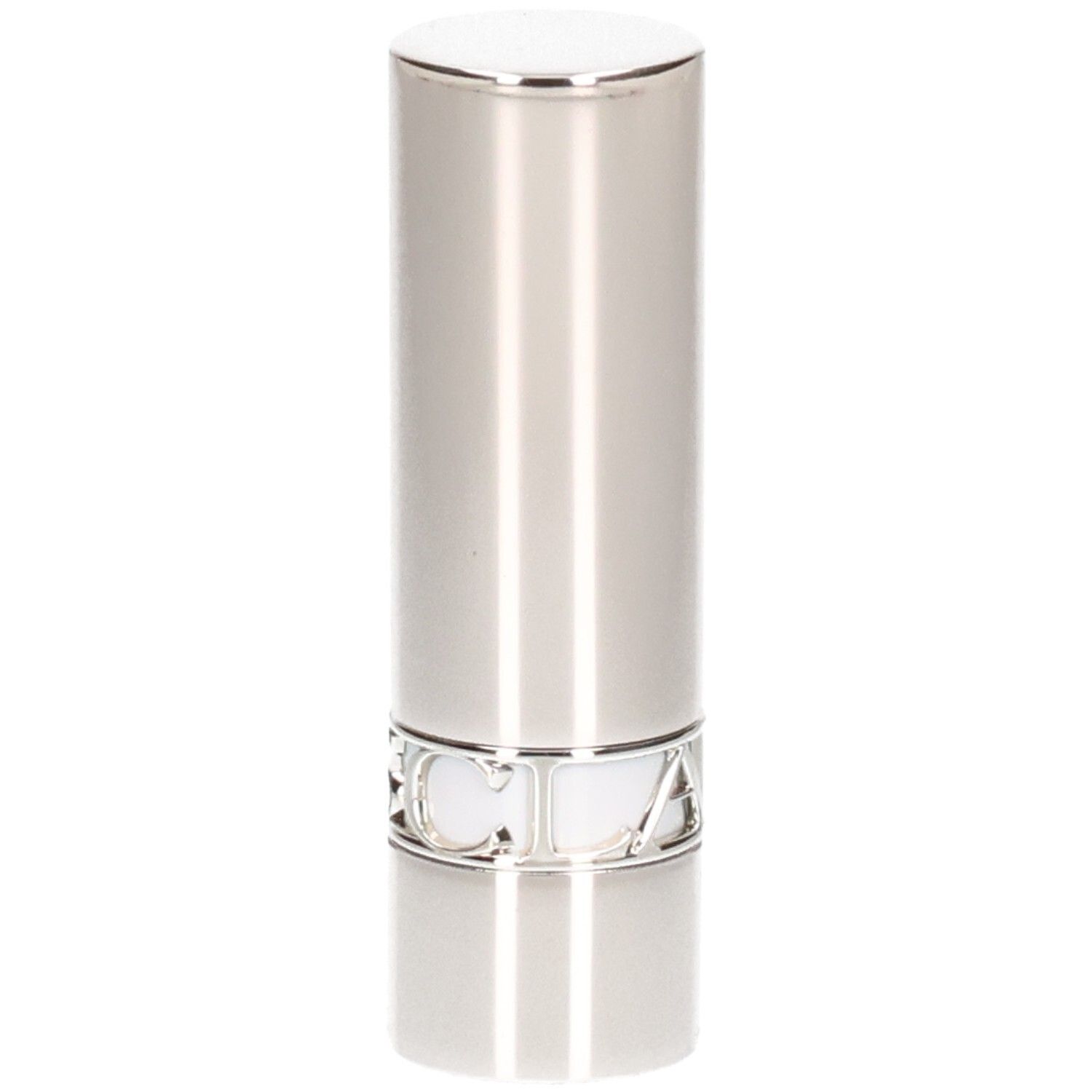 Zilveren lippenstift huls, glanzende afwerking, met zilveren belettering aan de basis.