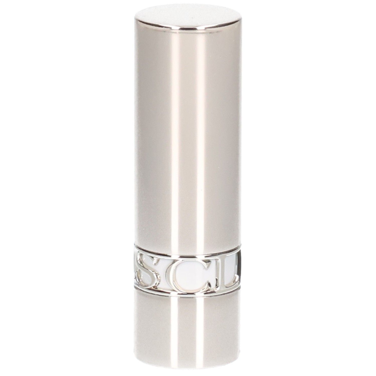 Zilveren lippenstift huls, glanzende afwerking, met zilveren belettering aan de basis.
