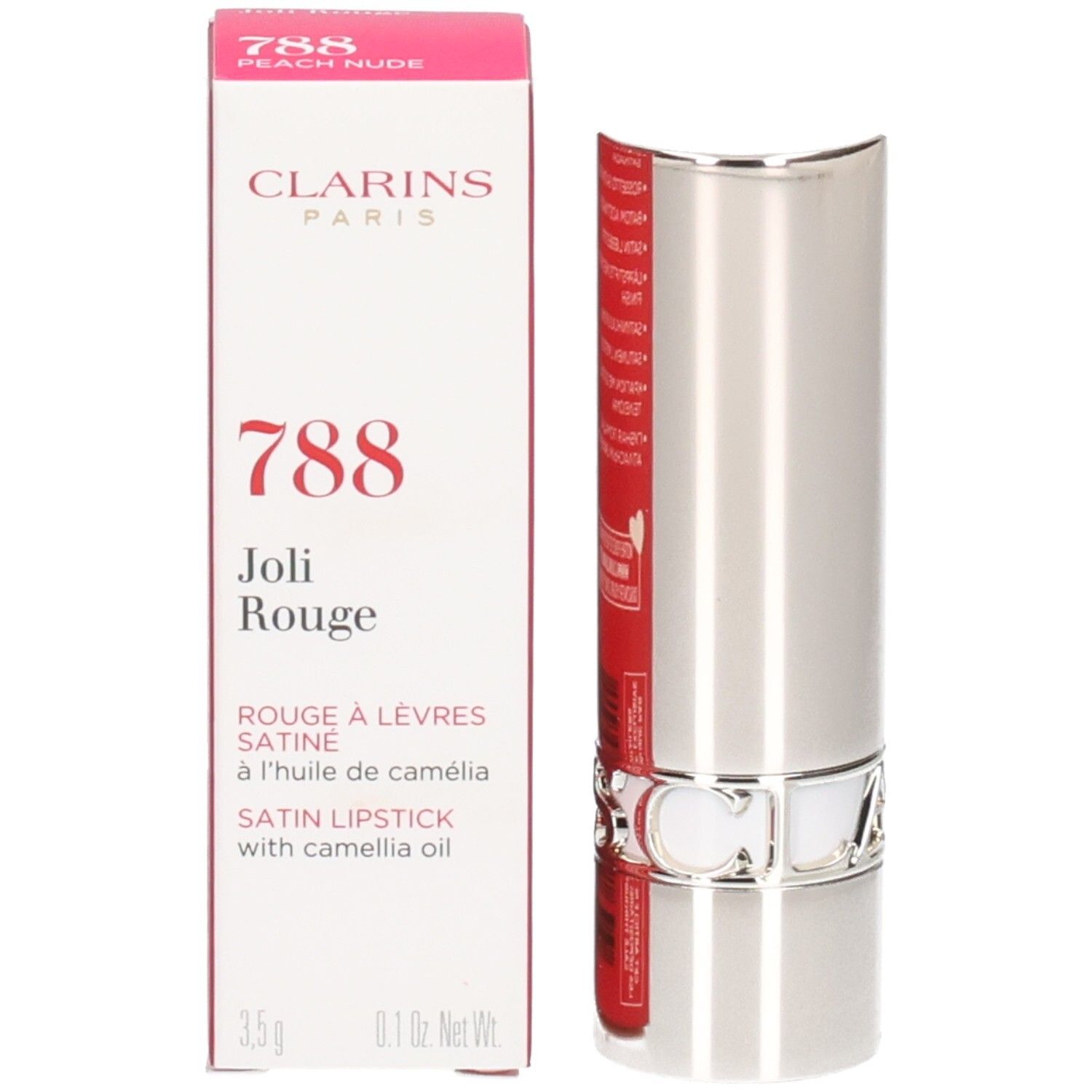 Clarins Joli Rouge Satin lipstick, kleur 788 Peach Nude, in zilveren huls naast de verpakking.