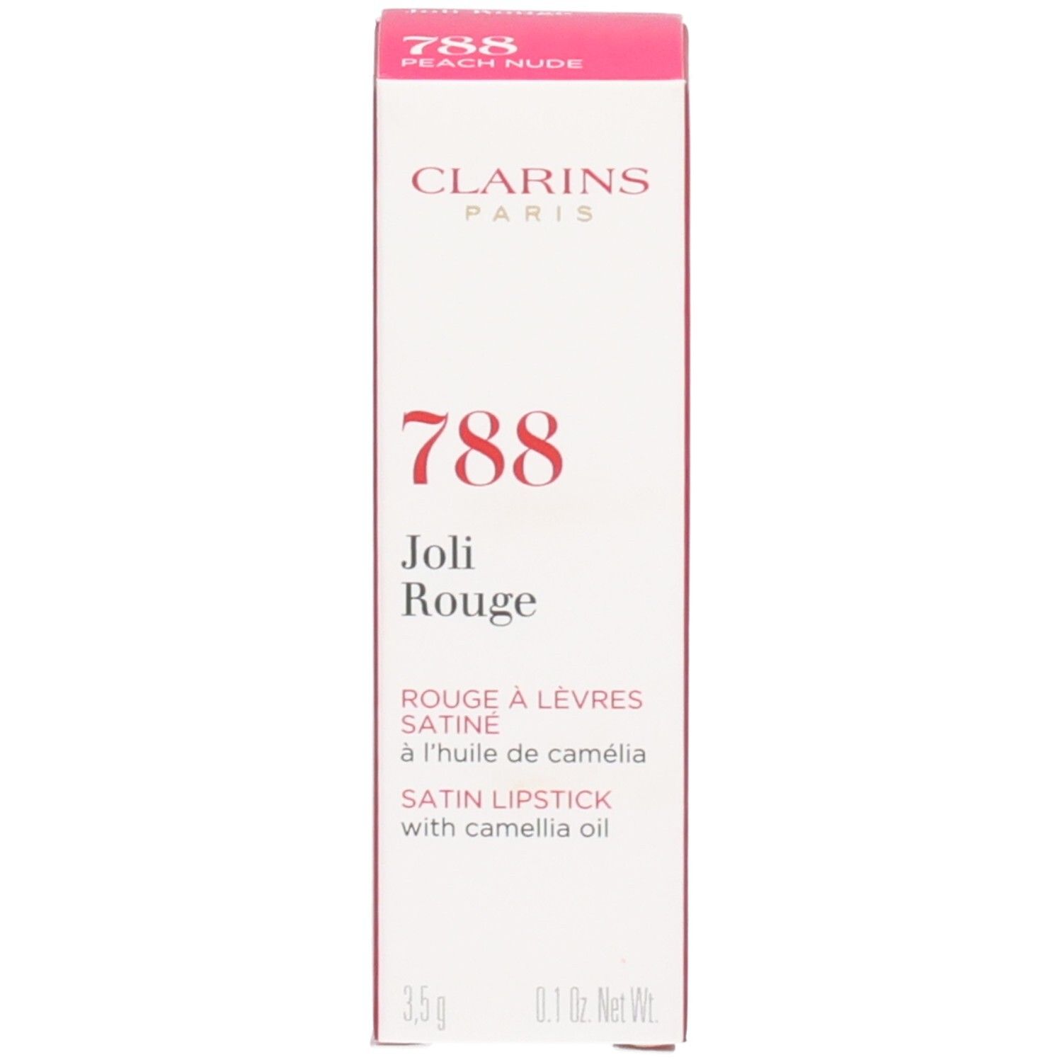 Verpakking van Clarins Joli Rouge Satin lipstick, kleur 788 Peach Nude, met productinformatie.